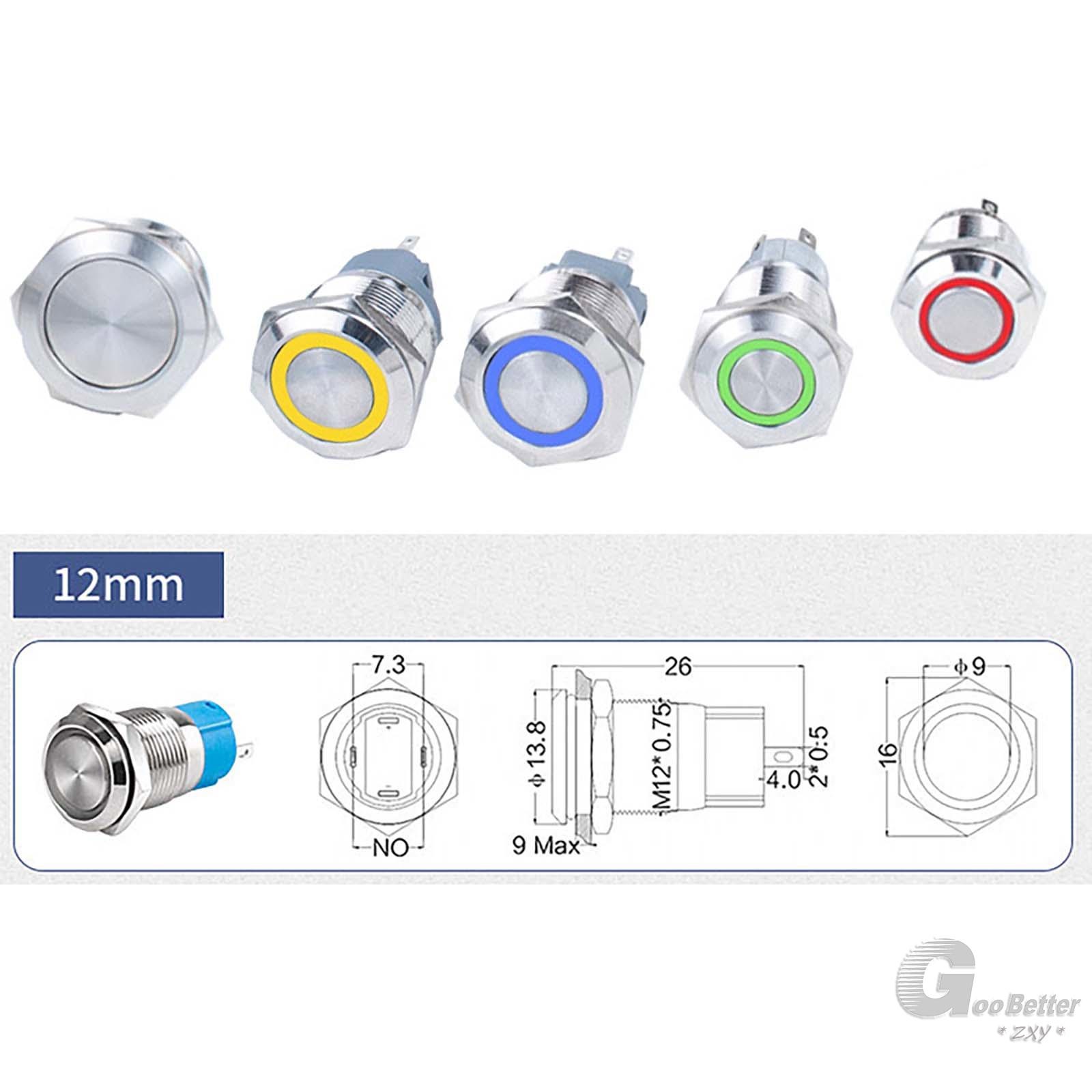 12mm LED ON OFF Waterproof Stainless Steel Latching Push Button Ring Switch