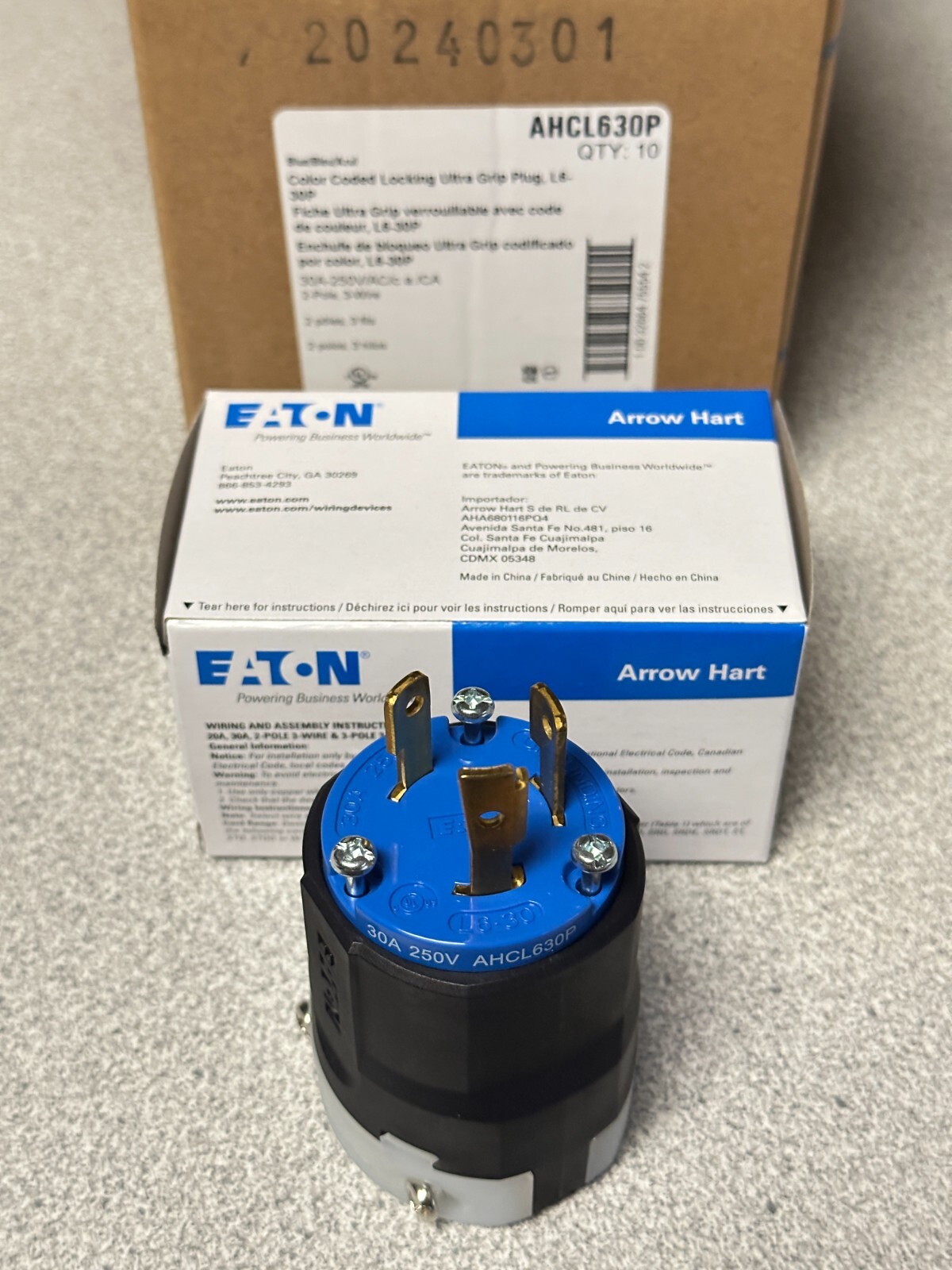 10 NEW Eaton AHCL630P Locking Plug L6-30P 30A 250V 2P 3W Blue Ultra Grip LOT