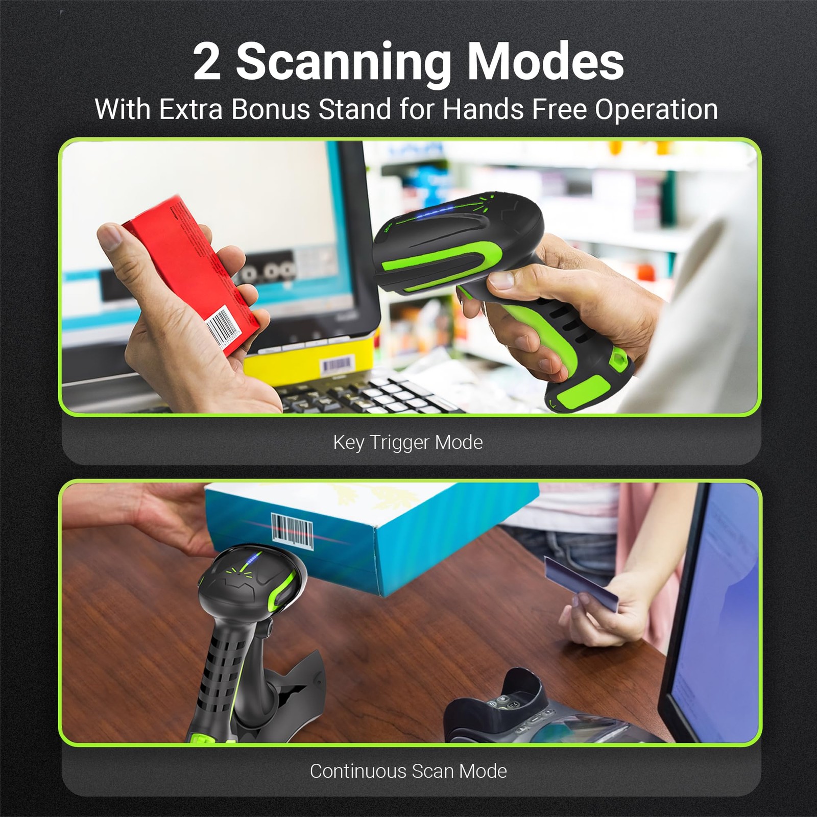 Tera 8100Pro Wireless 2D QR Barcode Scanner with Stand Green – 2500mAh