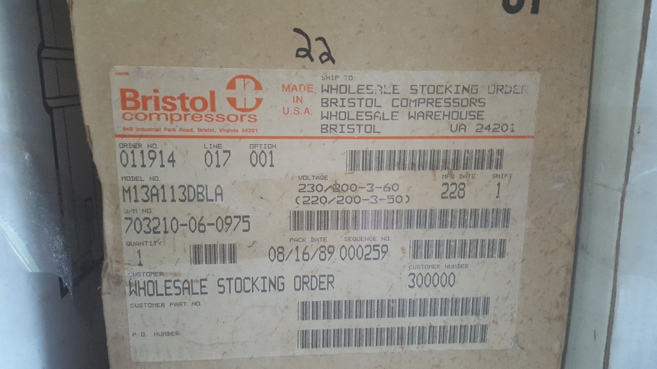 BRISTOL COMPRESSOR M13A113DBLA 230/200-3-60 11000 BTU COMPRESSOR