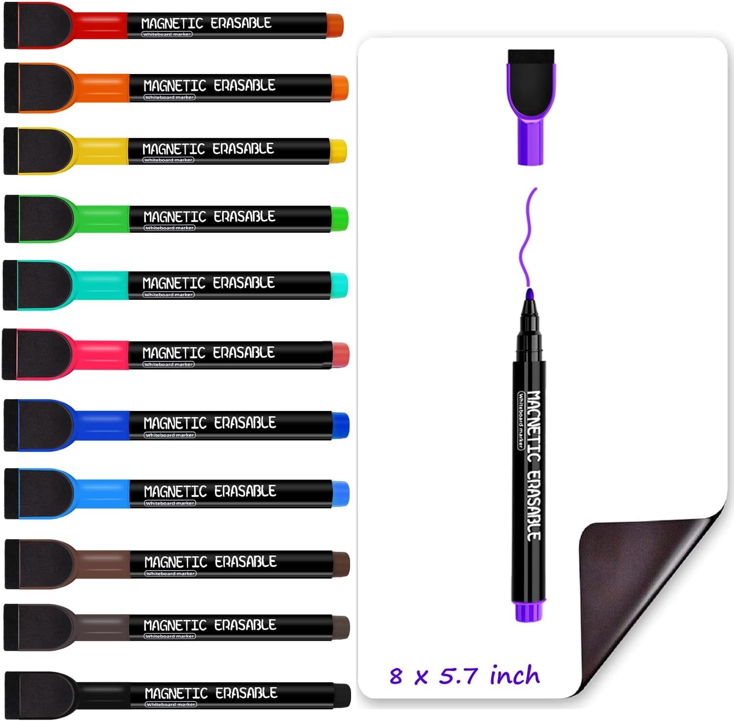 Magnetic Dry Erase Markers Fine Tip – 12 Colors Whiteboard Markers with Eraser