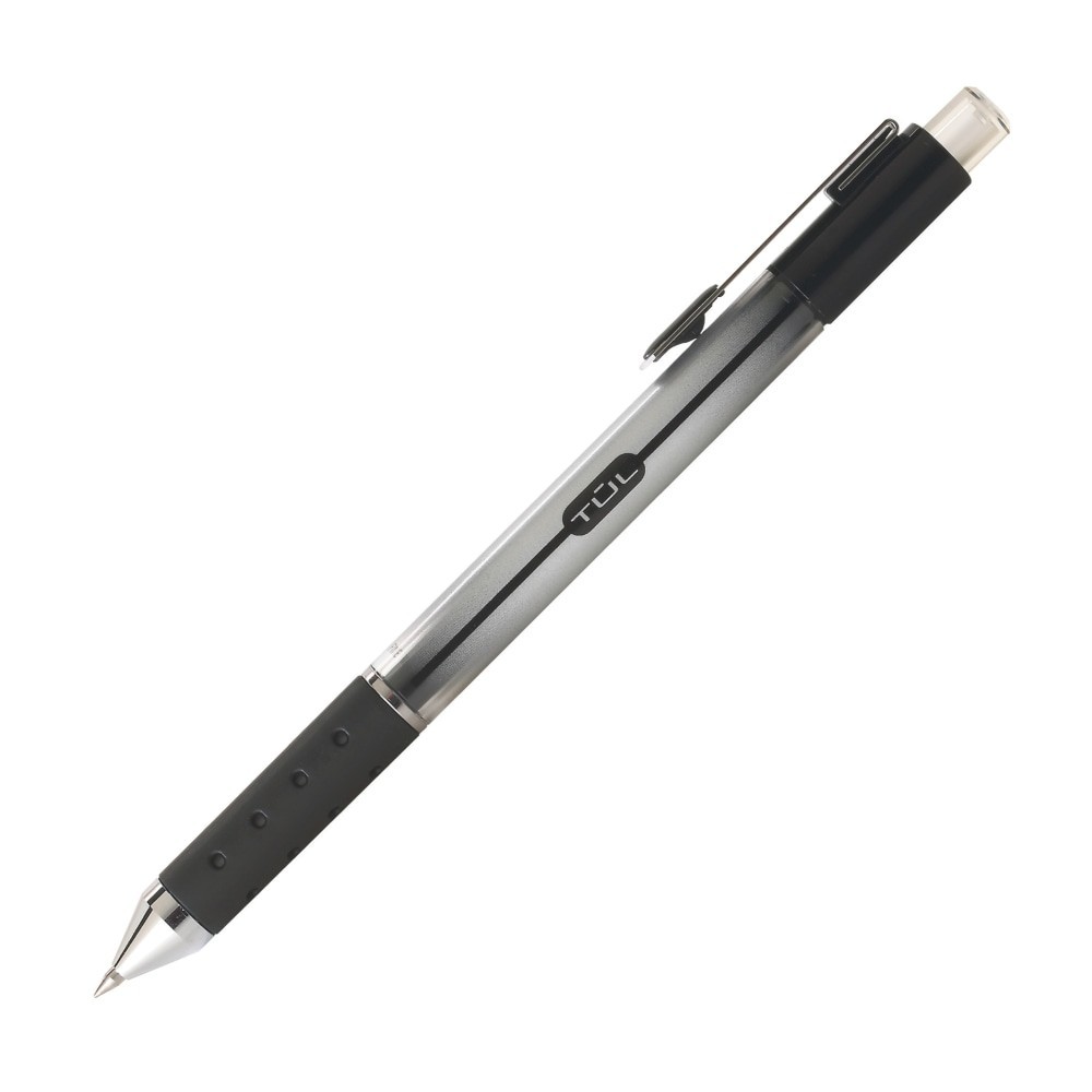 TUL Retractable Gel Pens, Fine Point, 0.5 mm, Silver Barrel, Black Ink, 12PK
