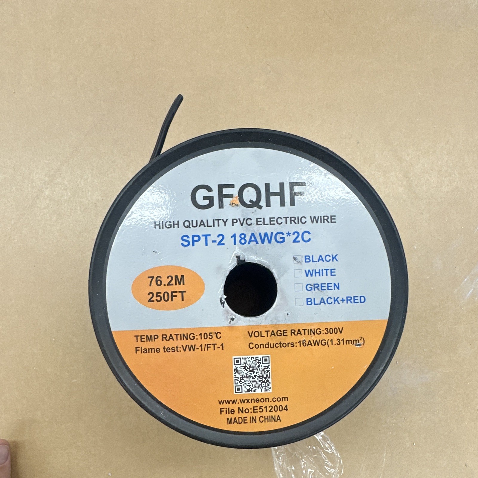 GFQHF SPT-2 18AWG 2C Stranded Copper PVC Wire Black 250ft 300V