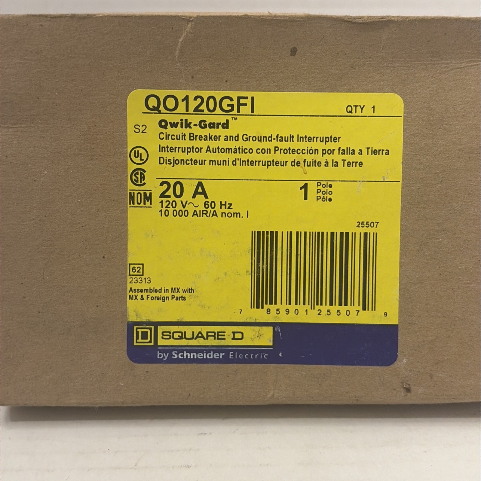 Square D QO120GFI Single Pole 20A 120V Ground Fault Circuit Breaker