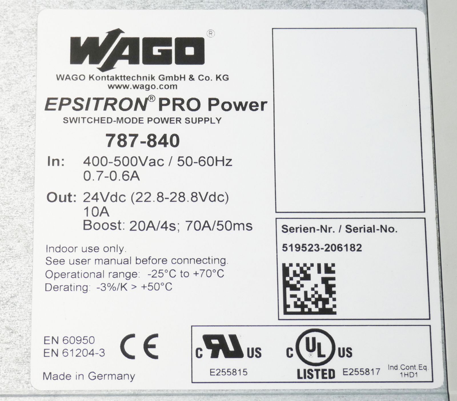 WAGO Epsitron Pro Power 787-840 24VDC 10A Power Supply -used-