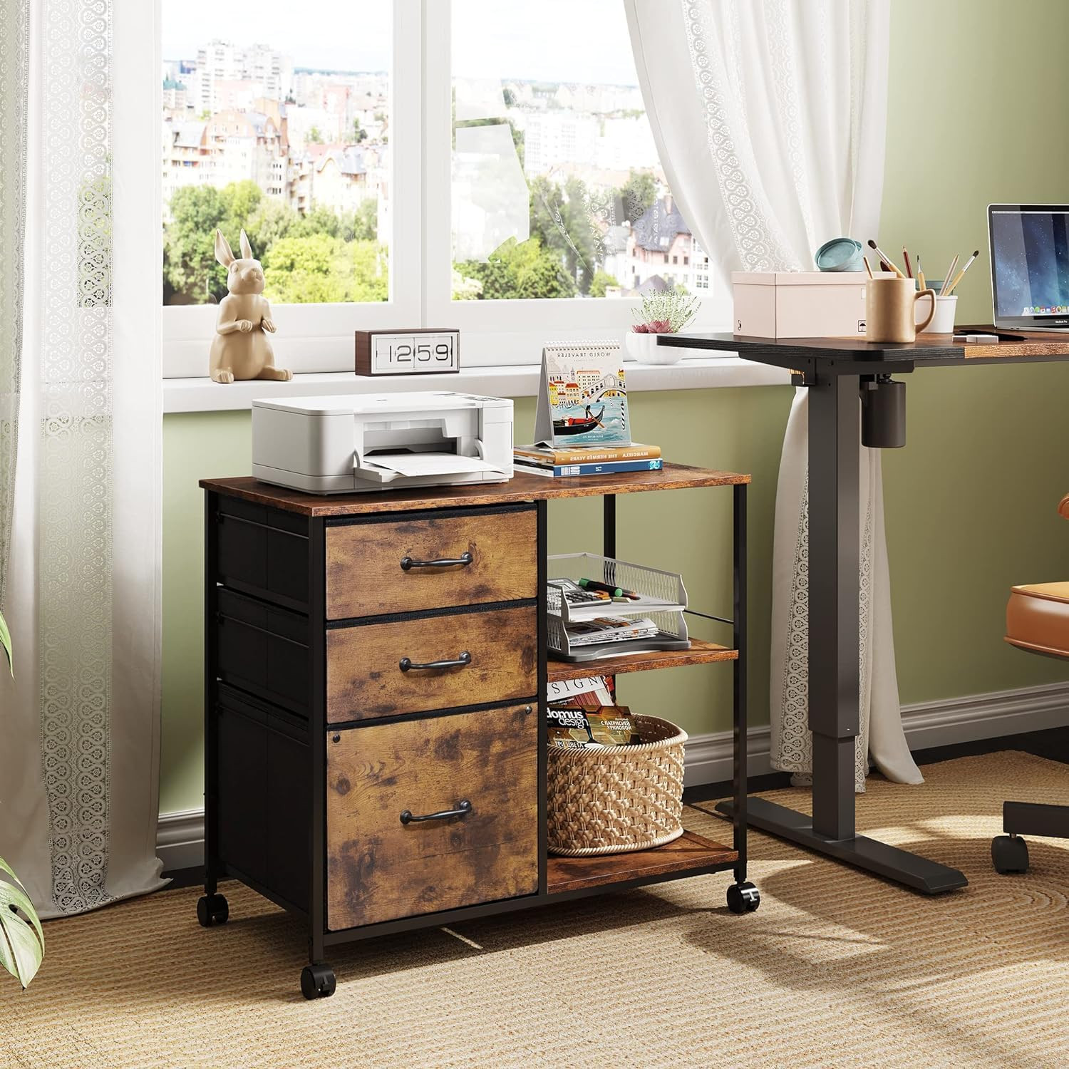 3 Drawer Mobile File Cabinet, Rolling Printer Stand with Open Storage Shelf, Fab