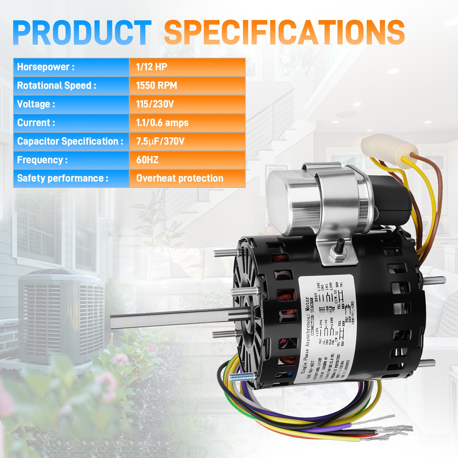 Refrigeration HVAC Fan Motor For FASCO D1127 9721 1/12 HP 1550 RPM 115/230V 60Hz