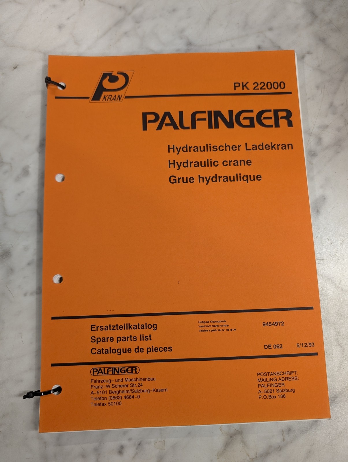 PALFINGER PK 22000 HYDRAULIC CRANE SPARE SERVICE PARTS LIST MANUAL 1993 DE 062