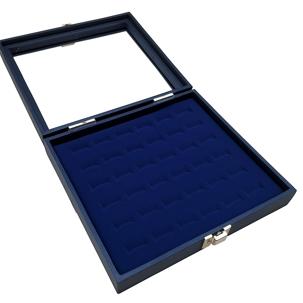 Black Jewelry Display Case Buckle Latch with Glass Top w/Blue Ring Foam Display