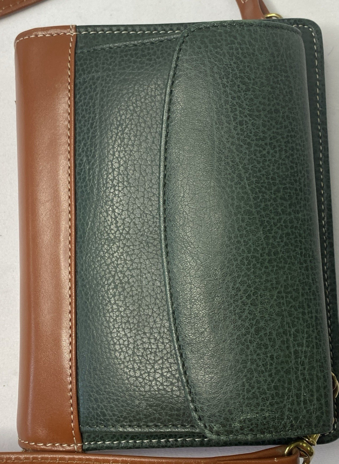 VINTAGE FRANKLIN QUEST ZIP PLANNER LEATHER GREEN/BROWN W/ADJ STRAP 6-1″ RINGS