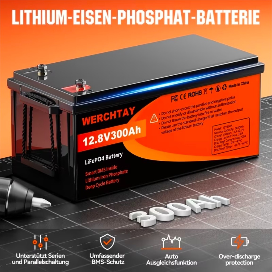 12V 300AH LiFePO4 Lithium Battery 15000+Cycles 200A BMS Solar Off-grid RV 3.8kwh