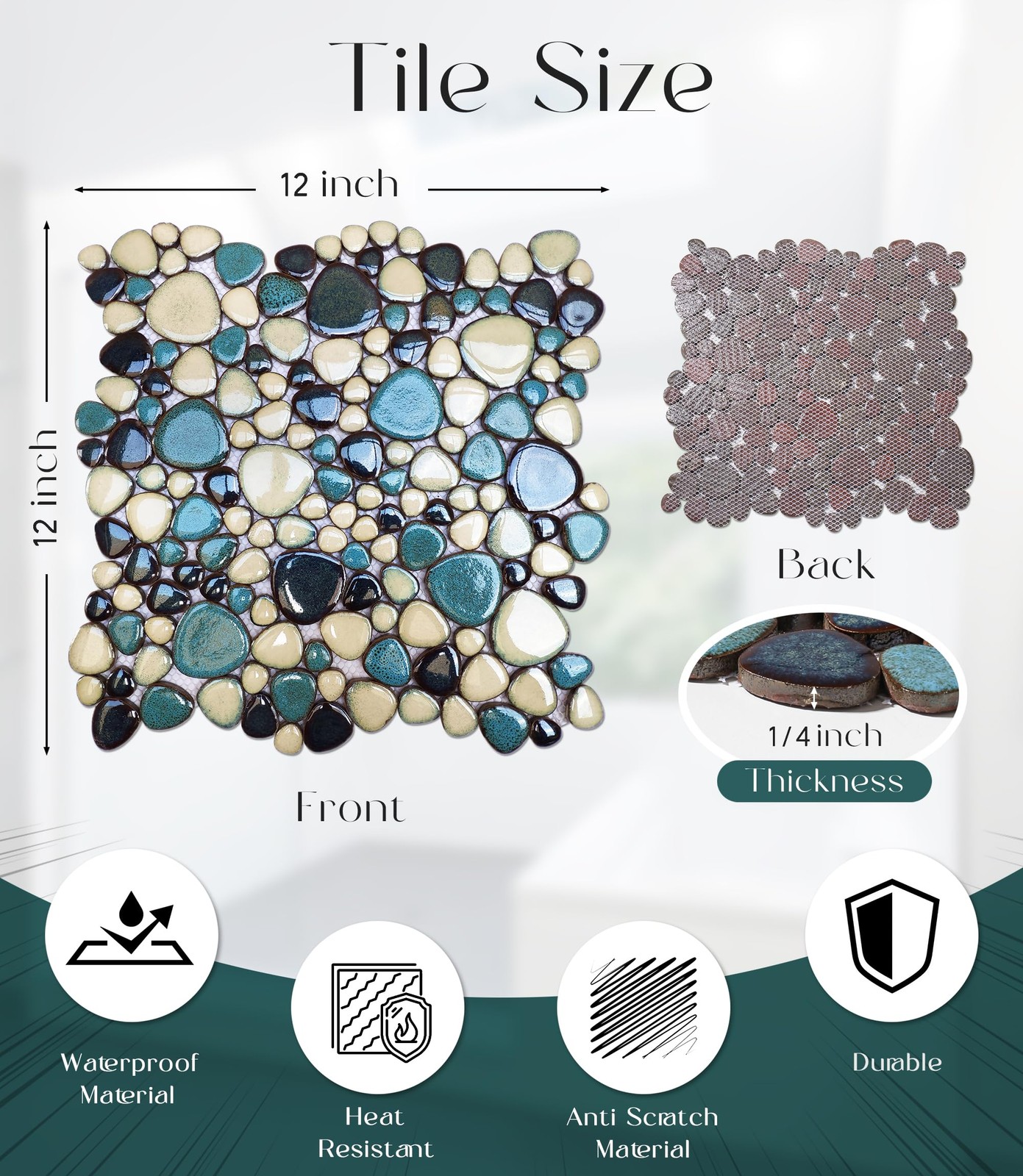 Primoon Pebble Tiles 5 Sheets Aqua Teal Blue Mosaic Tiles For Accent Wall