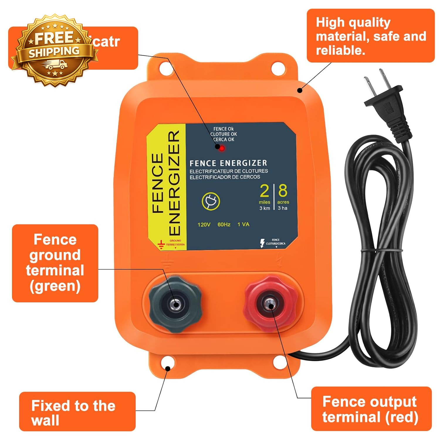 Electric Fence Charger PE2 0.10 Joule 2-Mile/ 8 Acres Plug in Electric Fence Cha