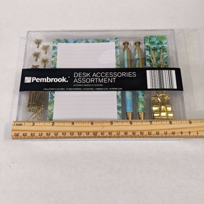 Pembrook Desk Accessories Assortment Tropical Palm Gold Pens Notepad Clips Set