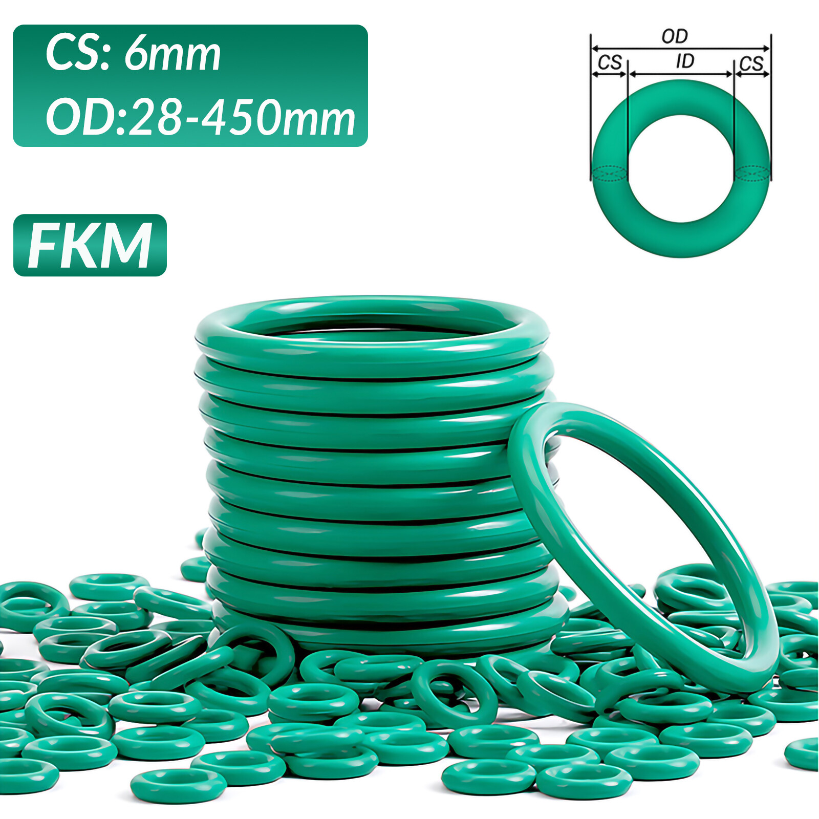 6mm Cross Section O-Rings FKM Fluorine Rubber 28mm – 450mm OD Gasket Seals Green