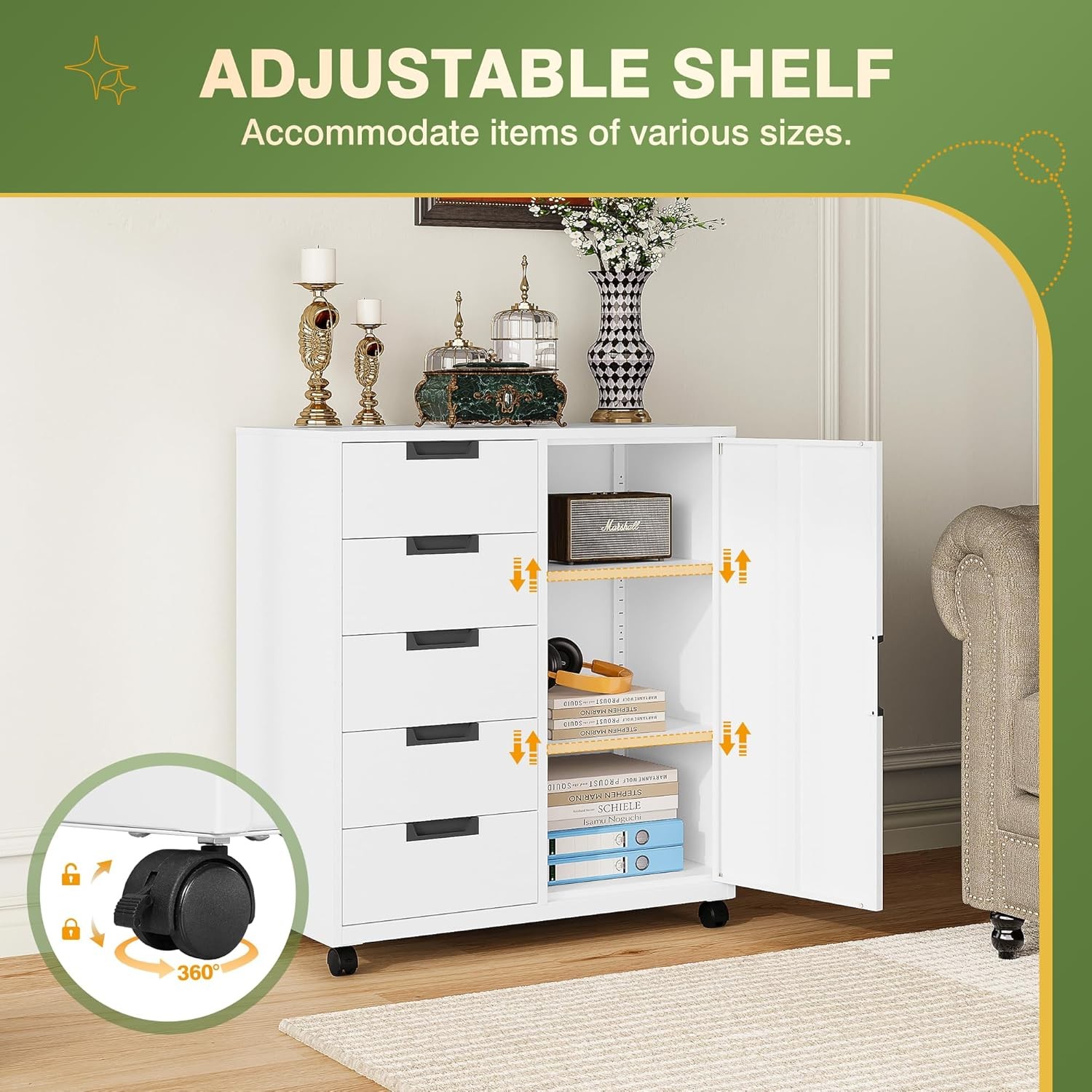 Office Storage Cabinet 5 Drawer Metal with Wheels Printer Stand White