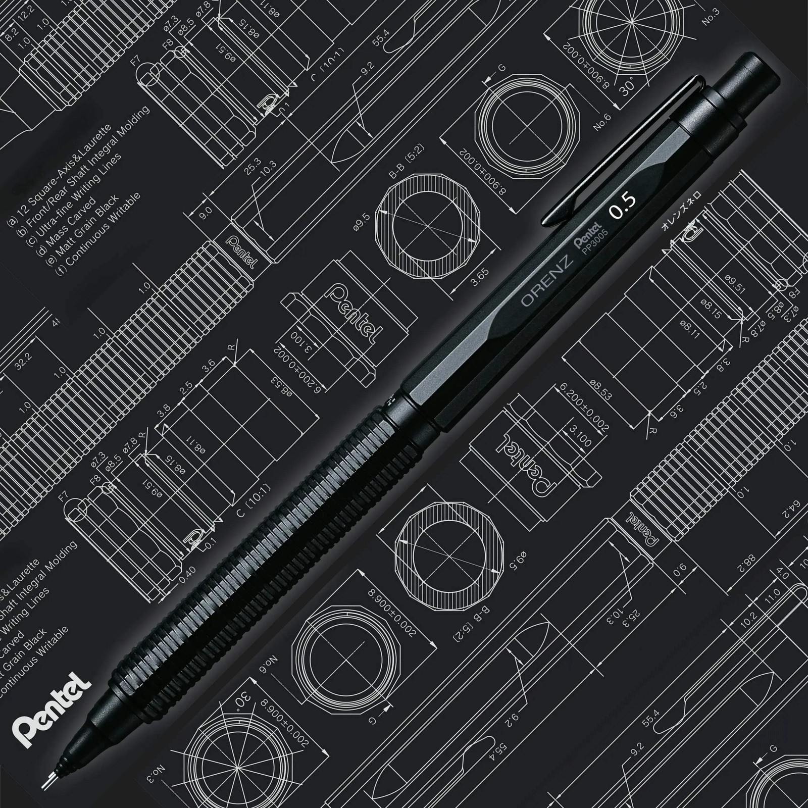 Pentel Orenz Nero Mechanical Drafting Pencil, Automatic Lead Advance, Black Barr