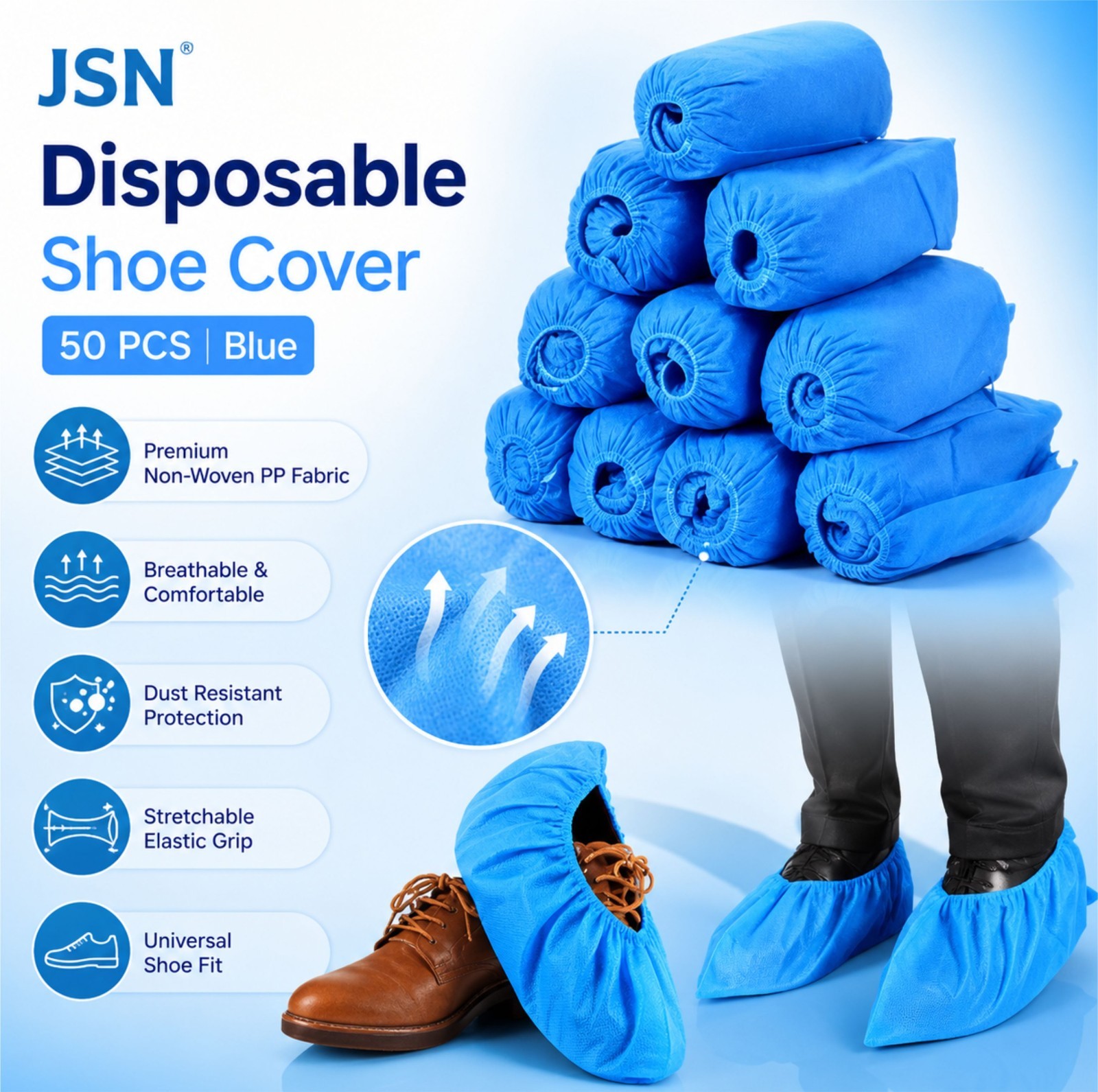 JSN Shoe Cover 50 PCS Non Woven Polypropylene PP Fabric High Ankle Shoe Covers