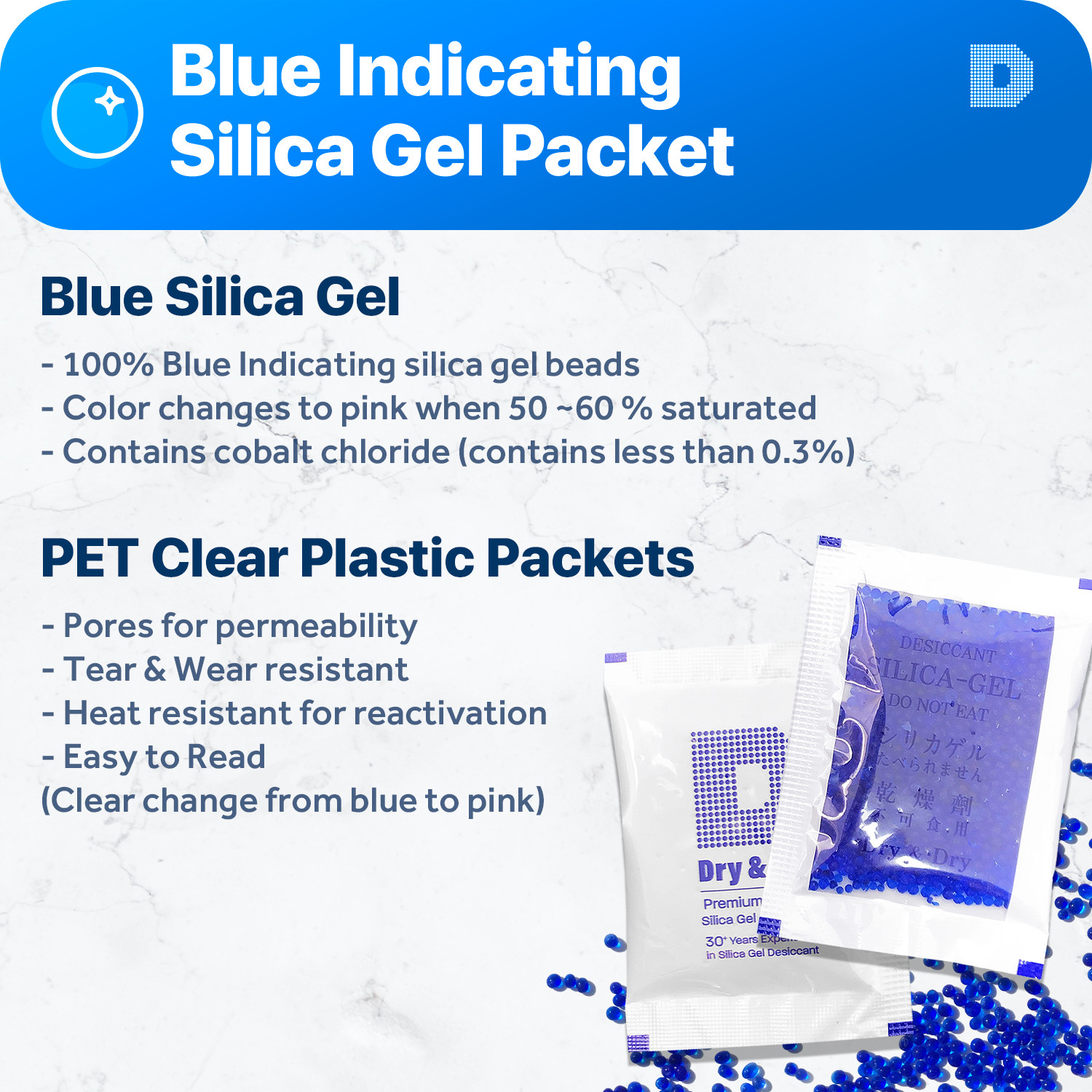 [50 Pk] 5 Gram” Dry & Dry” Premium Blue Indicating Silica Gel Packets – Reusable