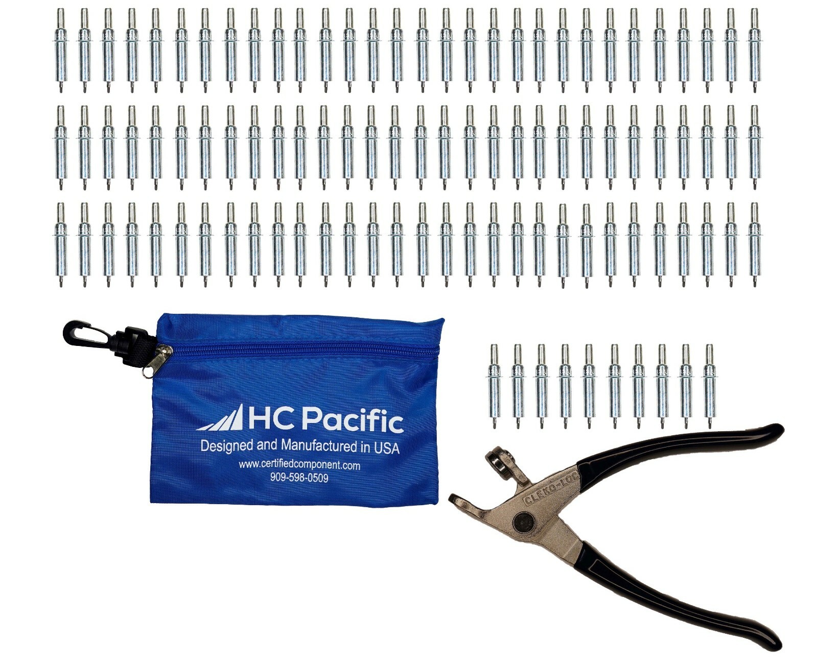 100 each C3/32 Cleco Fasteners (Made in USA) with Cleco Pliers & Pouch
