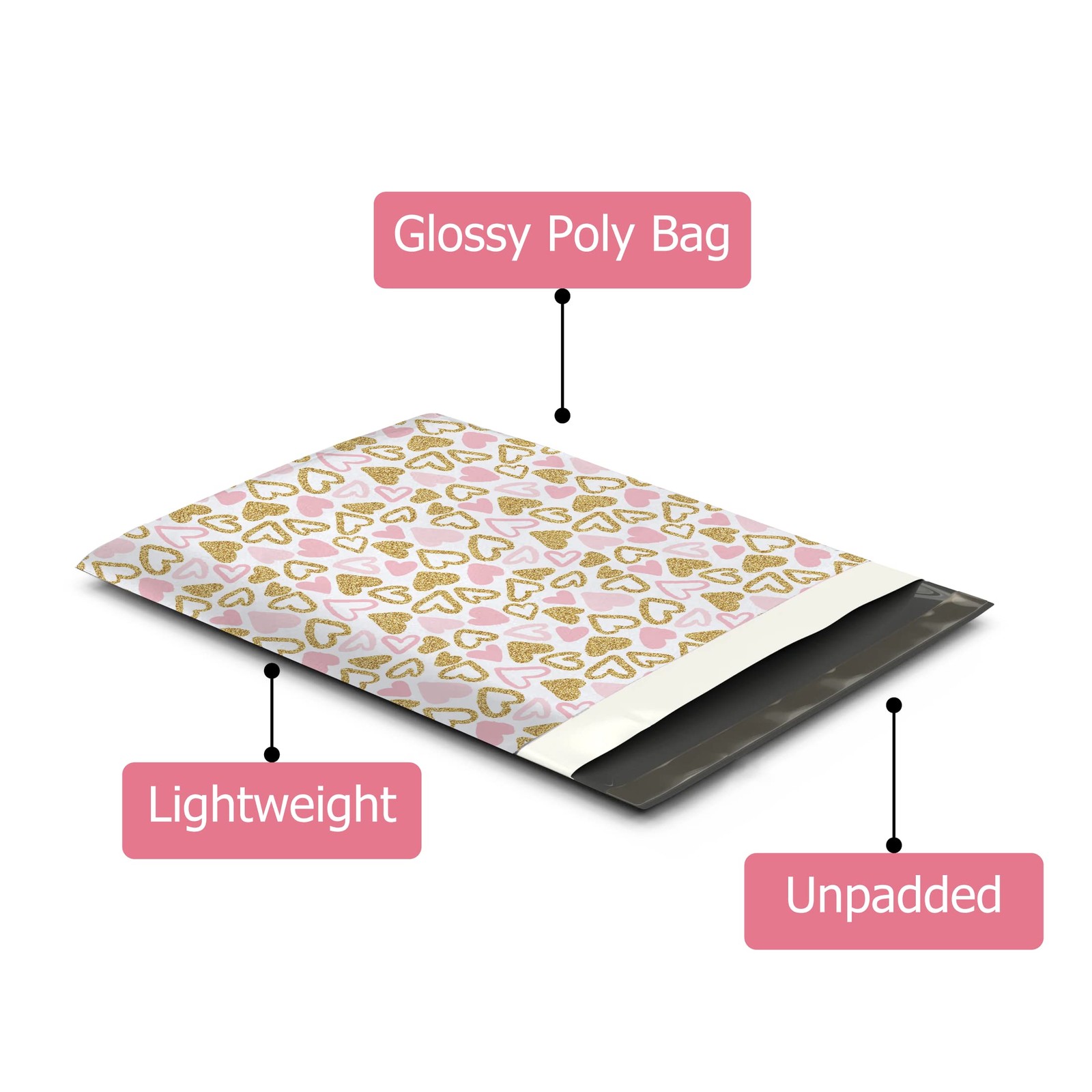 19×24 (25) Pink Hearts Designer Poly Mailers Waterproof Self Sealing Tear Res…