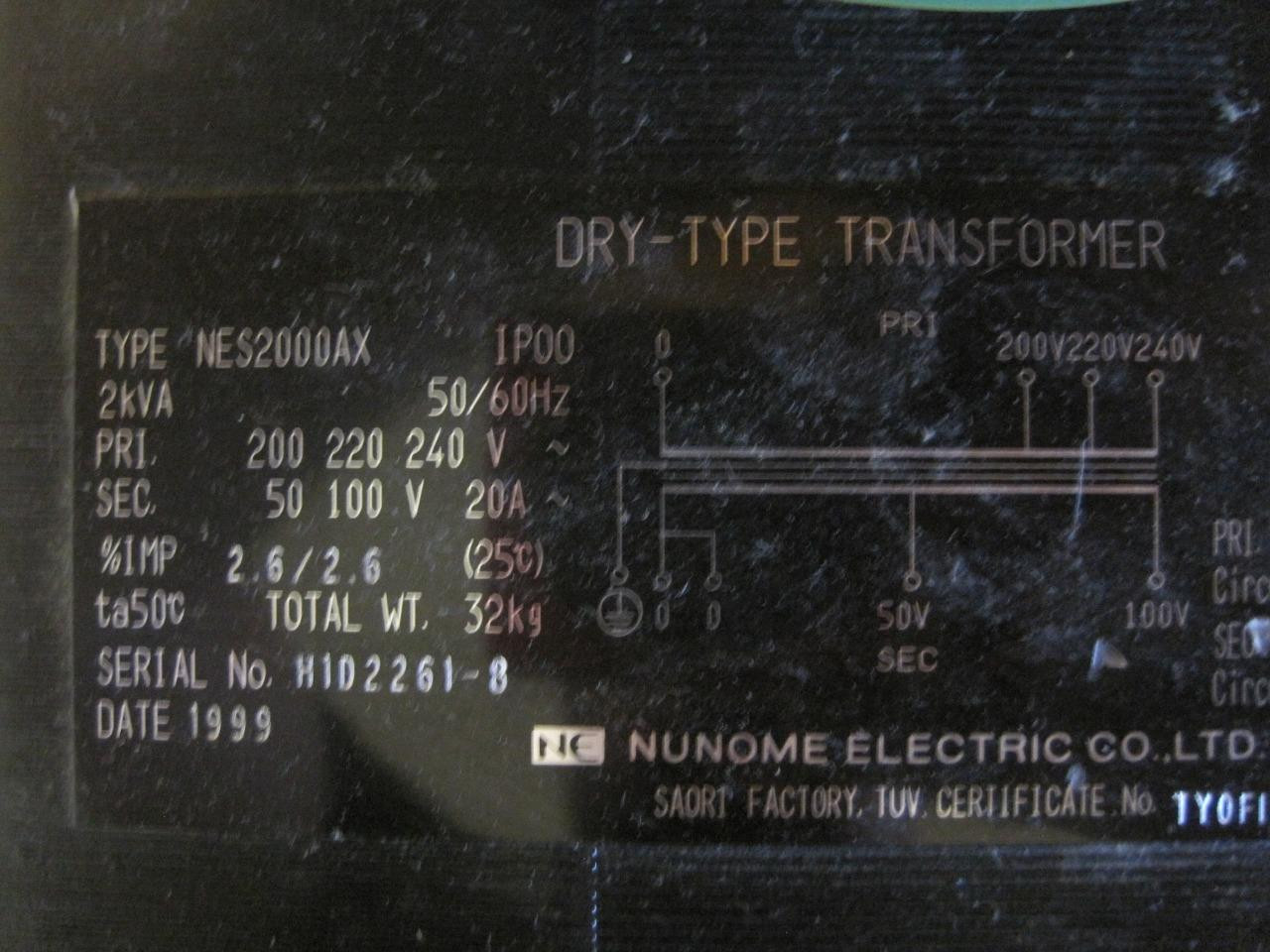 NUNOME ELECTRIC DRY TYPE TRANSFORMER TYPE NES2000AX IP00 2KVA USED GUARANTEED