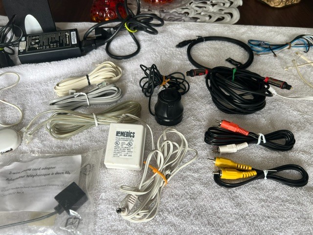 LOT OF MISC COMPUTER / PHONE / TV CABLES WIRES SPEAKERS CHARGERS