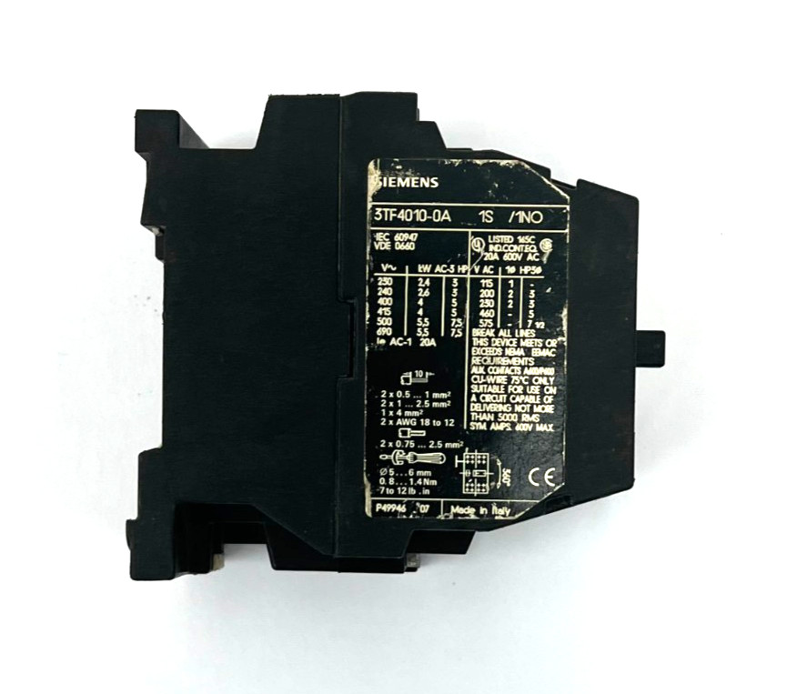 SIEMENS CONTACTOR 20A 600V AC 75°C TEMP RANGE 3TF4010-0A