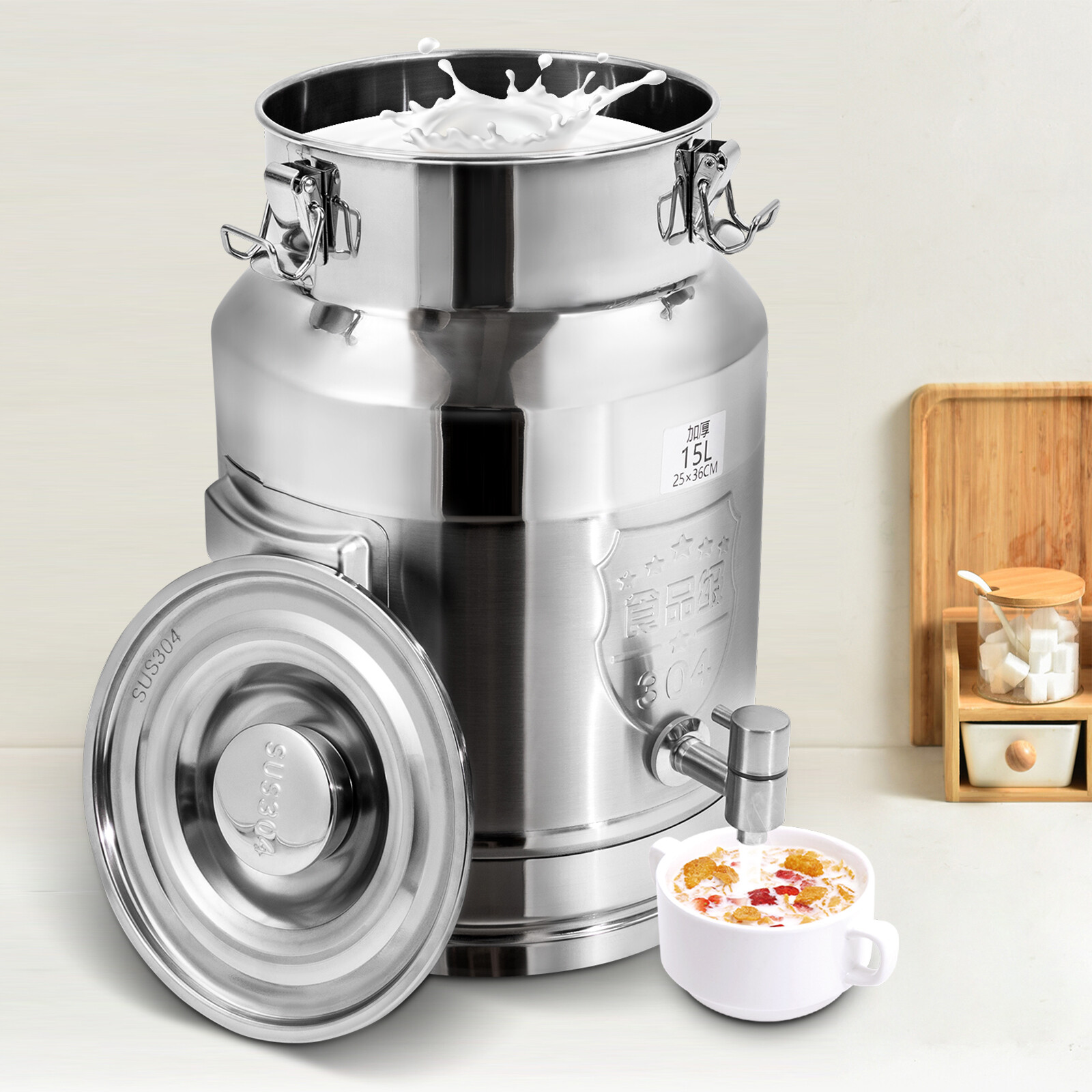15L/3.96Gal Beverage Dispenser Stainless Steel Milk Can Milk Transport Barrel
