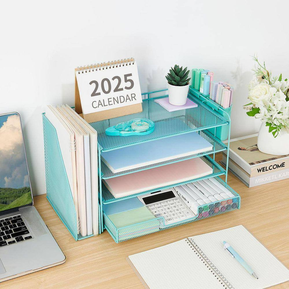 15.5 in X 9.3 in Blue Metal Desk Organizer and Accessories, 4-Tier Desktop File