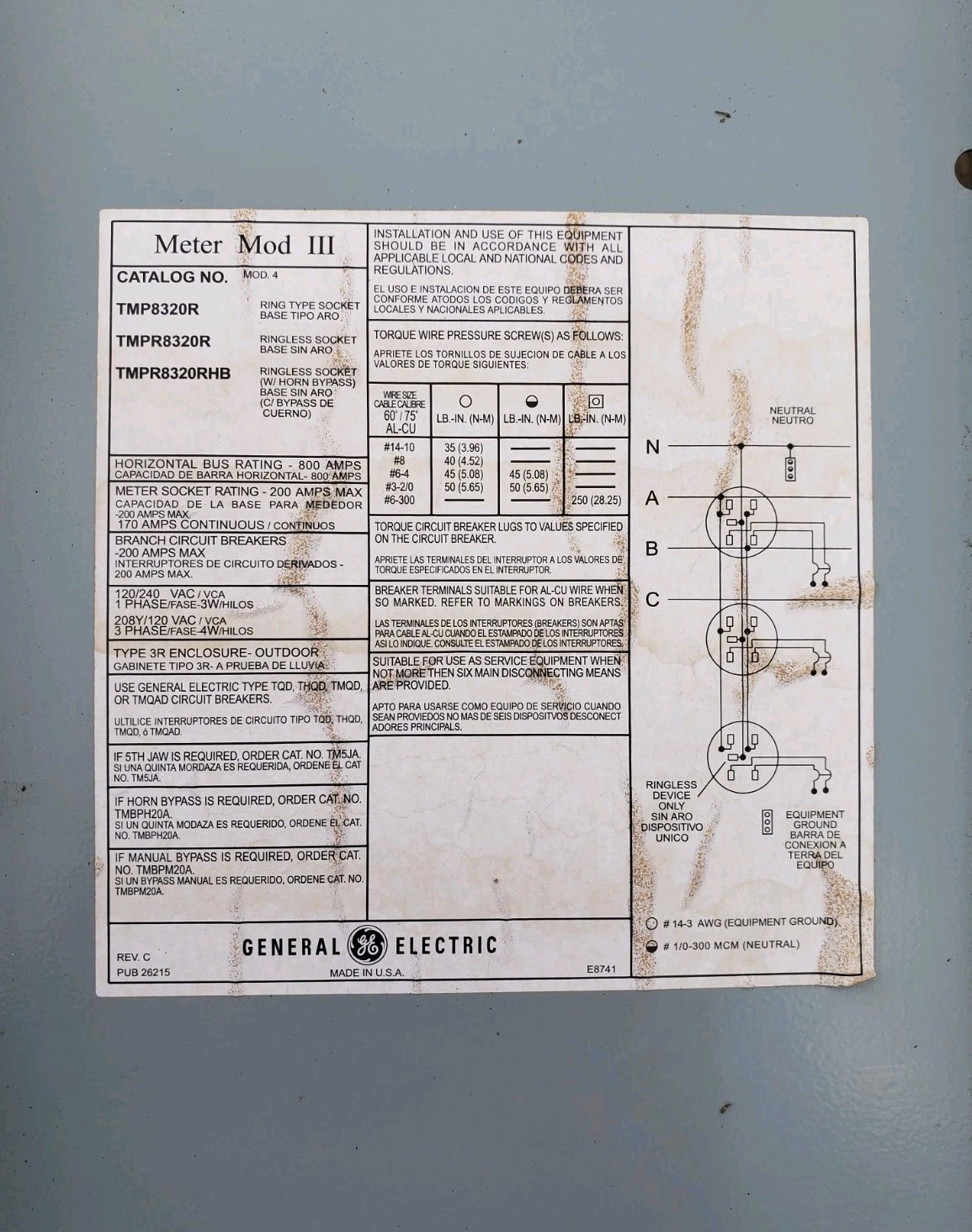 🔥 GE TMPR8320R ELECTRIC 3 GANG STACK METER BOX CAN 200A 4T RL Apartment Triplex