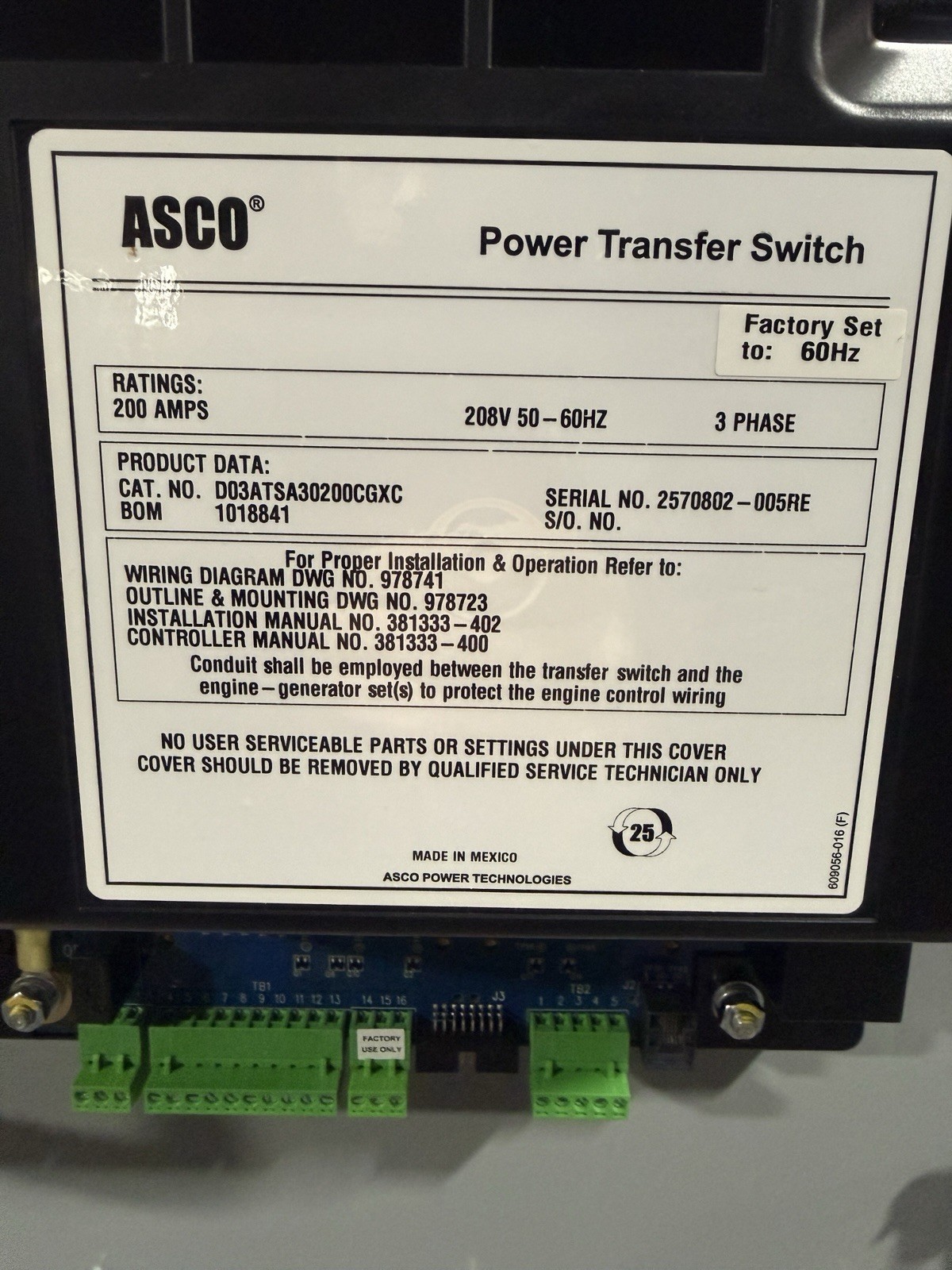 ASCO D03ATSA30200CGXC 200A 208V 3P AUTOMATIC TRANSFER SWITCH 50-60HZ