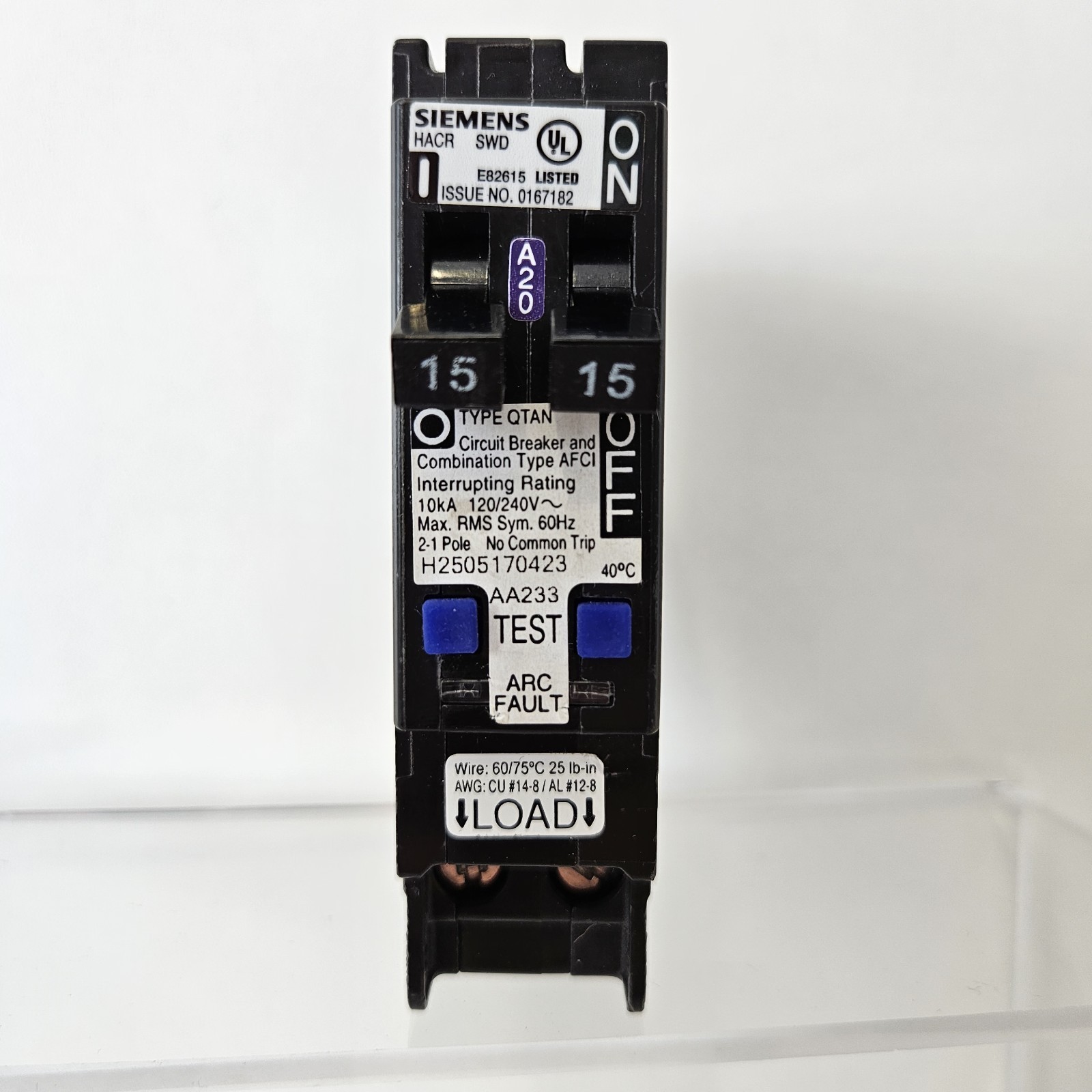 Tandem Circuit Breaker Siemens Q1515AFCN 15 Amp Two 1 Pole AFCI Plug On Neutral