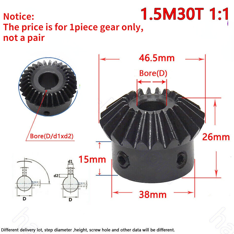 Mod 1/1.5/2 90° Pairing Bevel Gear 1:1/1:2 15T-30T Bore 5/6/6.35/8/10/12/14-25mm