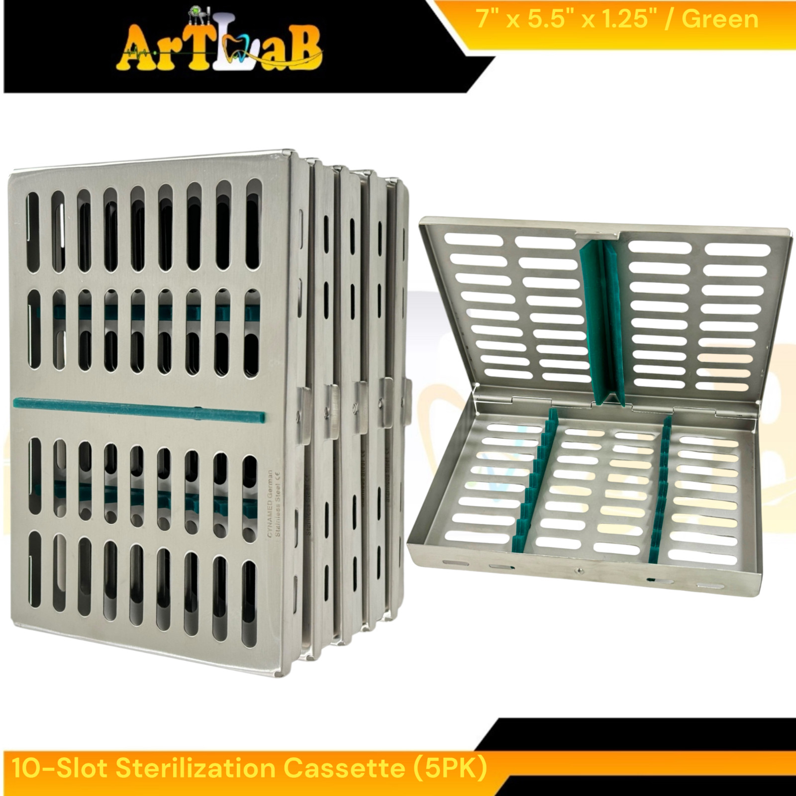 7in x 5.5in x 1.25in Sterilization Cassettes with 10-Slot Inserts Pack of 5
