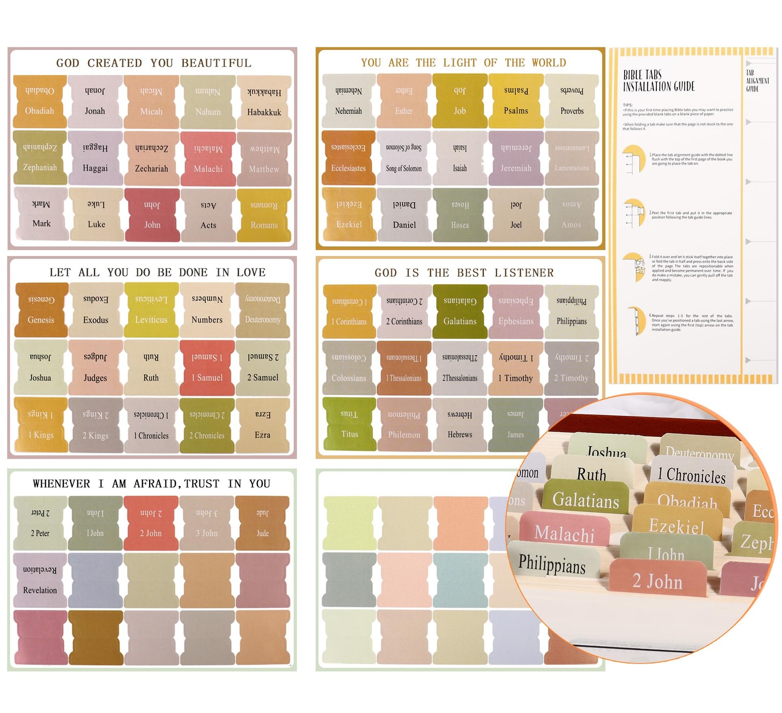 90 Bible Tabs Large Print Easy Read Vintage Boho Study Bookmark Kit Gift