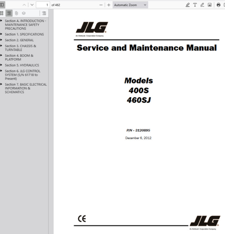 JLG 400S 460SJ Boom Lifts Service Repair Operators Manual Parts Catalog PDF USB