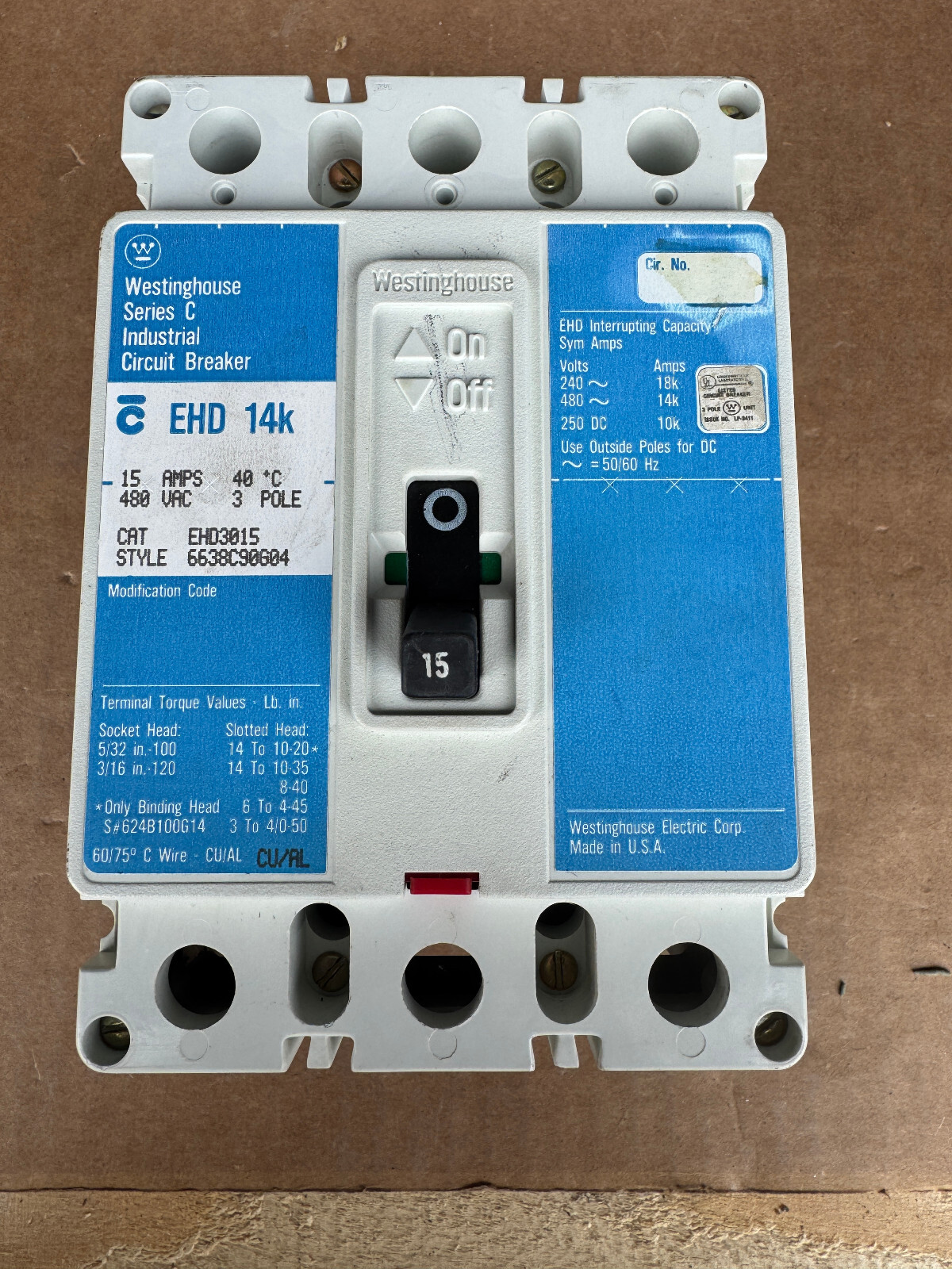 Westinghouse EHD3015 Circuit Breaker 3P 15A 480V Excellent Condition Tested