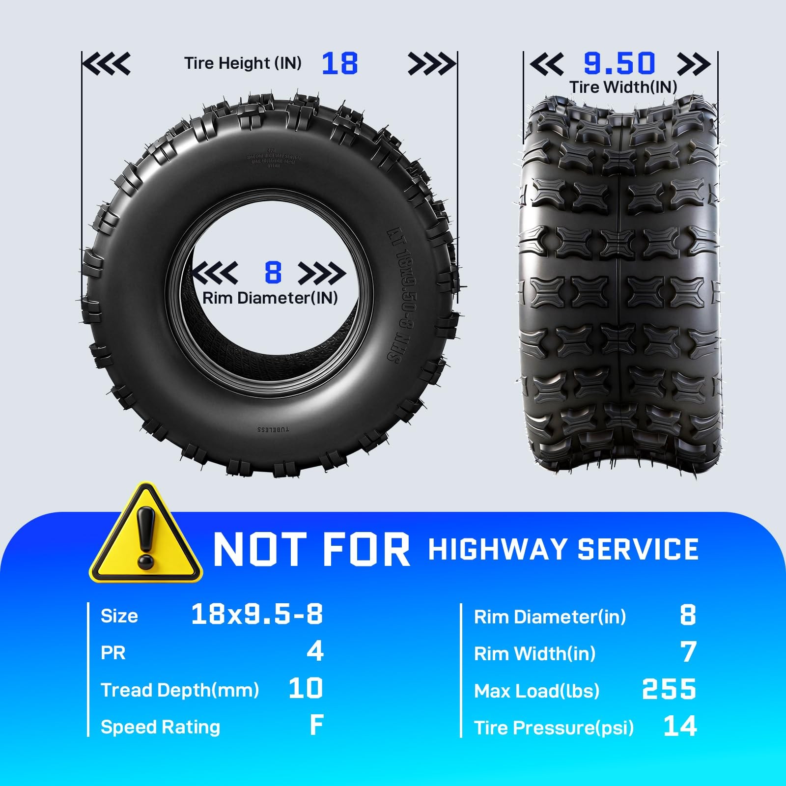 18×9.5-8 ATV UTV Tires 4PR Heavy Duty All-Terrain Mud Trail Tubeless Set of 2