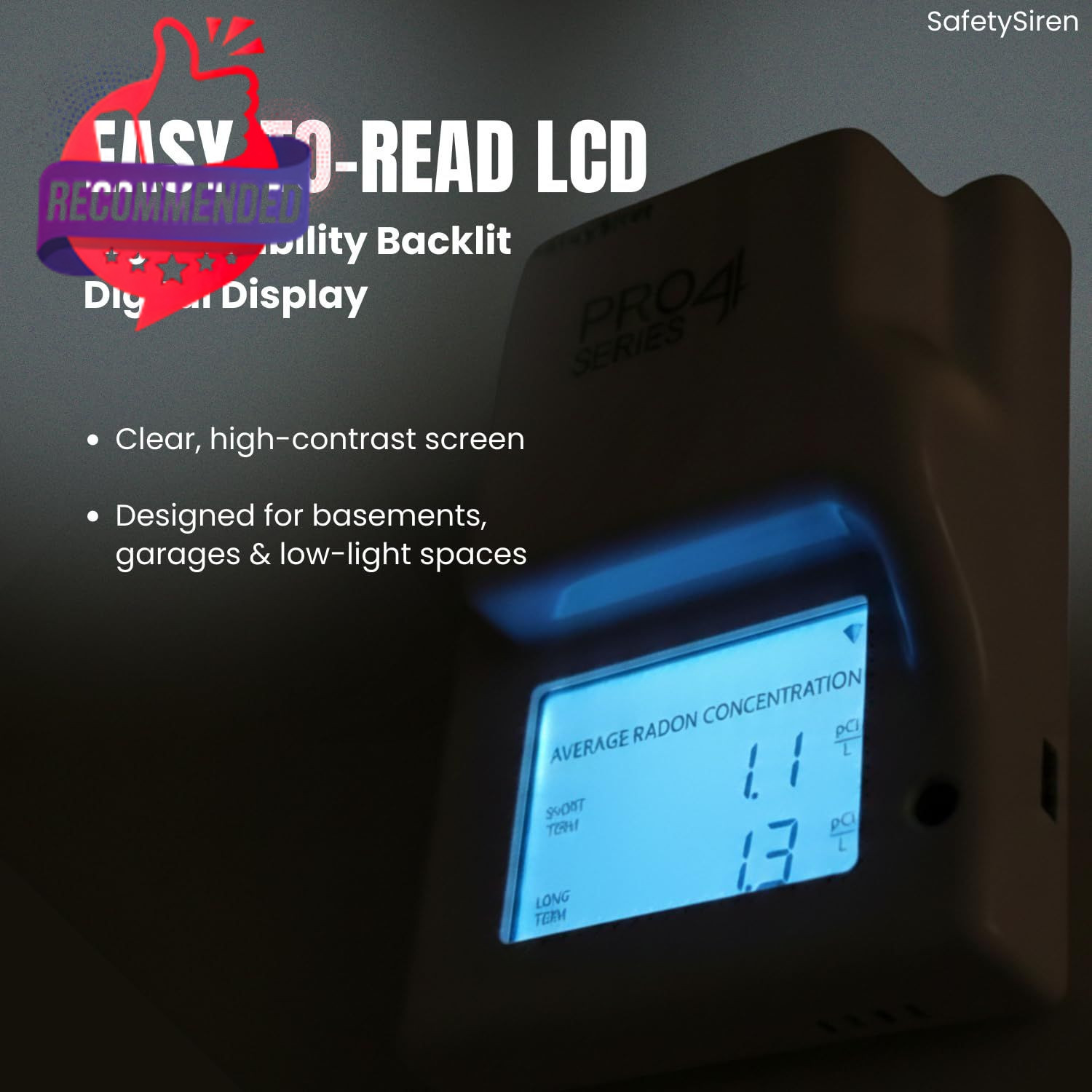 Safety Siren Pro4 Plug-in Radon Detector, Continuous Radon Gas Monitoring With