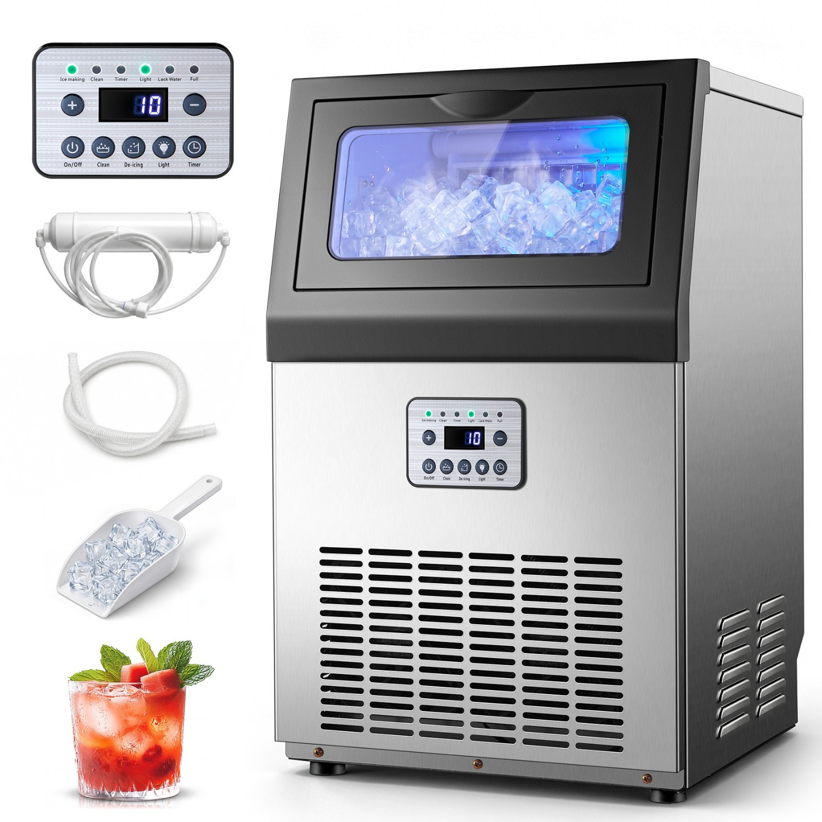 Zomagas 80lbs/24H Commercial Ice Maker Self Cleaning LED Display Blue Light