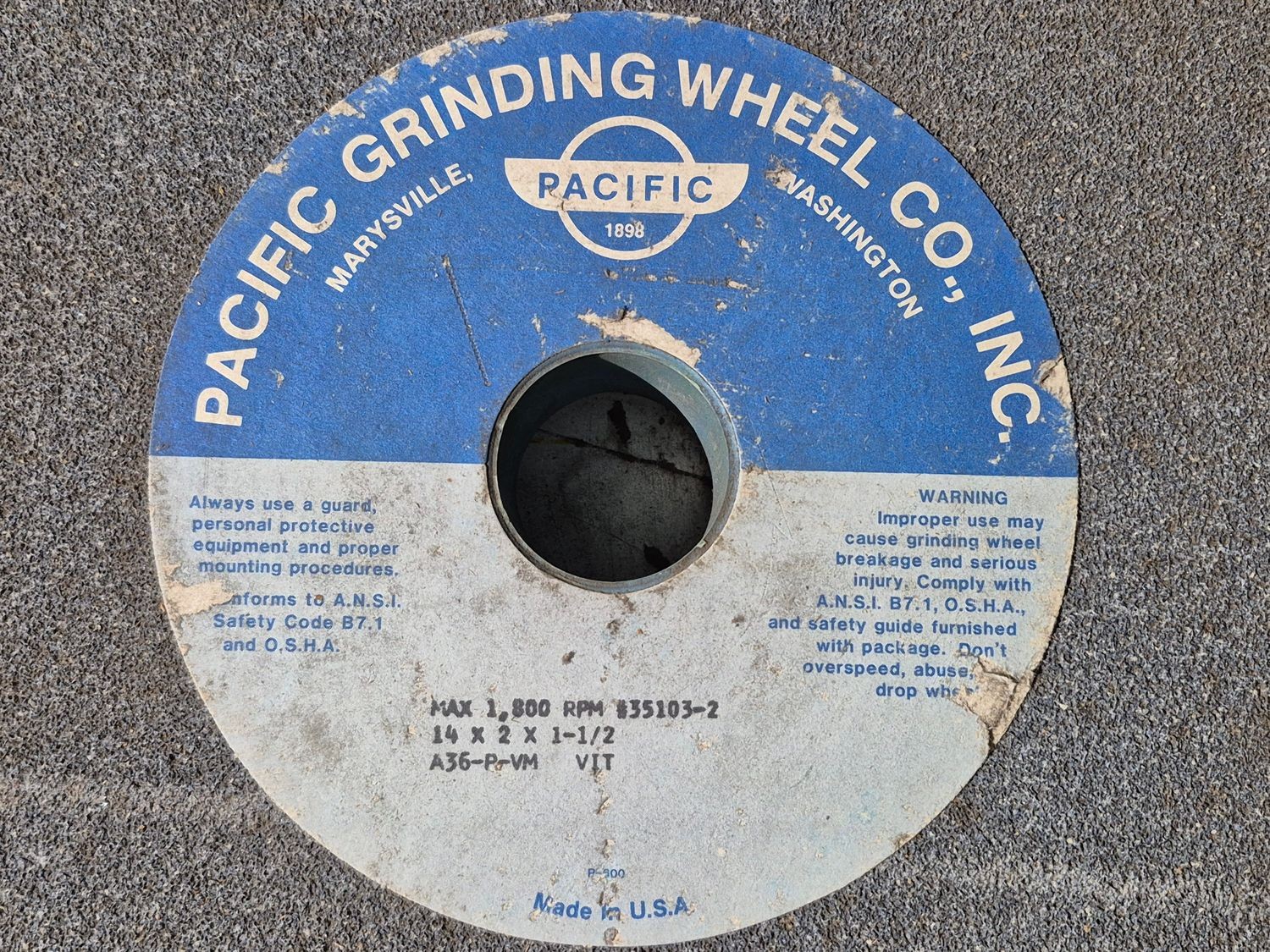 PACIFIC GRINDING WHEEL 35103-2 MAX 1,800 RPM 14″X2″X1-1/2″ A36-P-VM