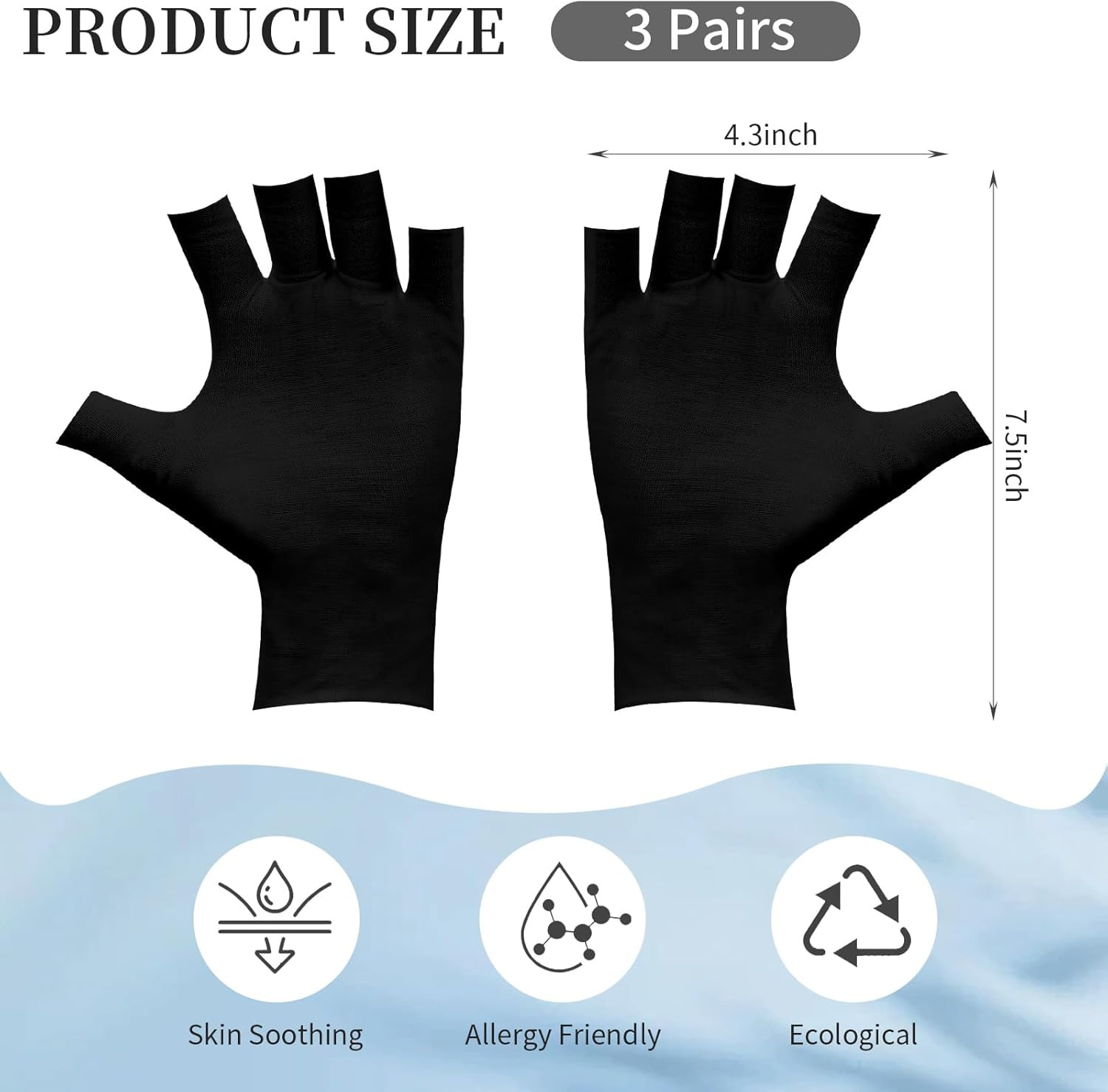 3 Pairs of Fingerless Cotton Gloves 100% Black Cotton Moisturizing Gloves for…