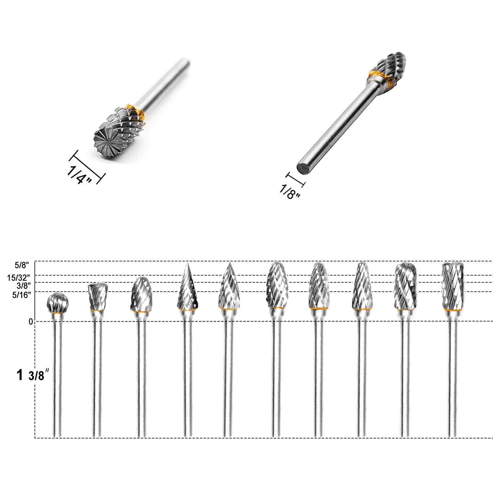 Tungsten Carbide Rotary Burr Set 10PCS Double Cut Grinding Head 1/4 In Die Gr…