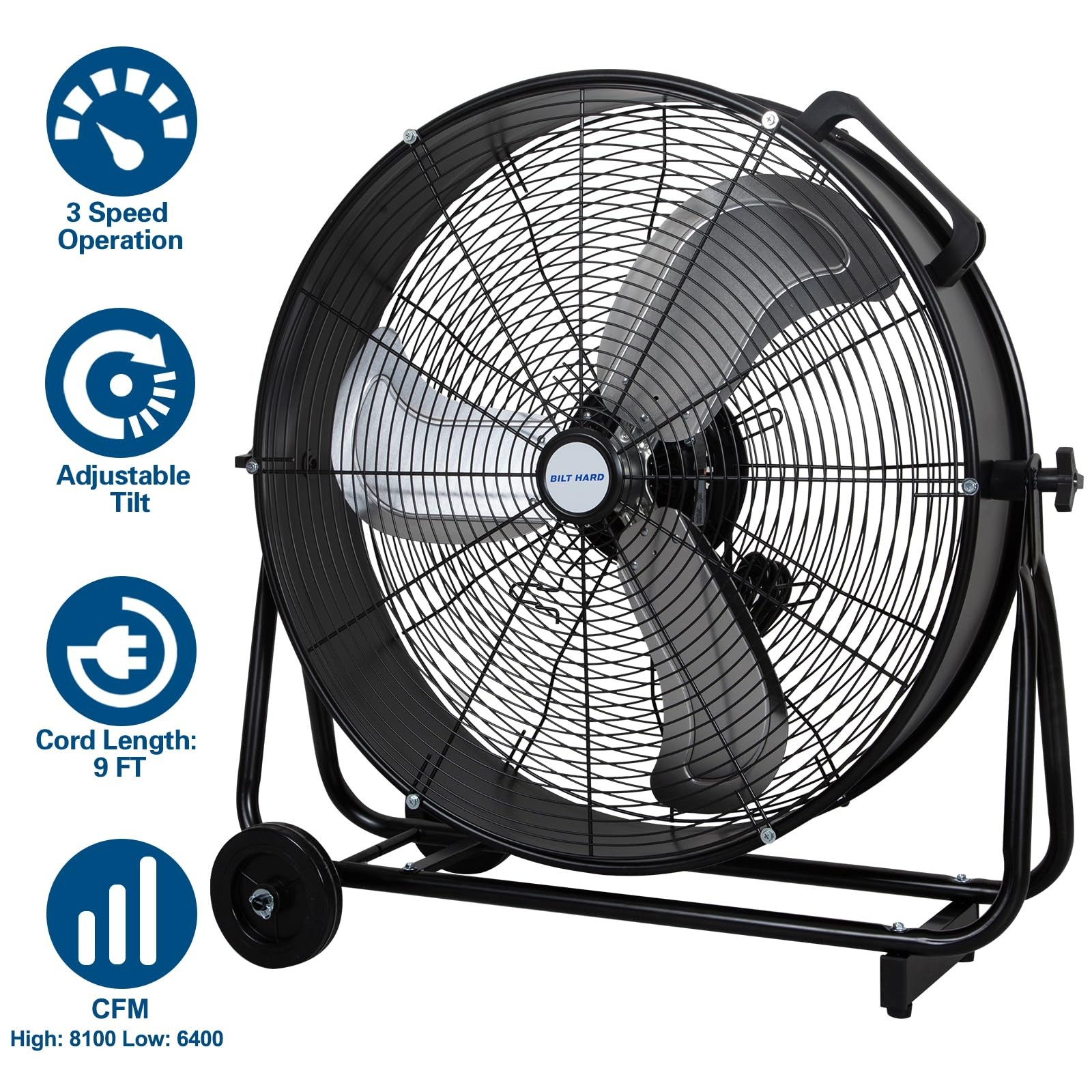 BILT HARD 24″ 8100 CFM High Velocity Industrial Drum Fan, 24 Inch, Black