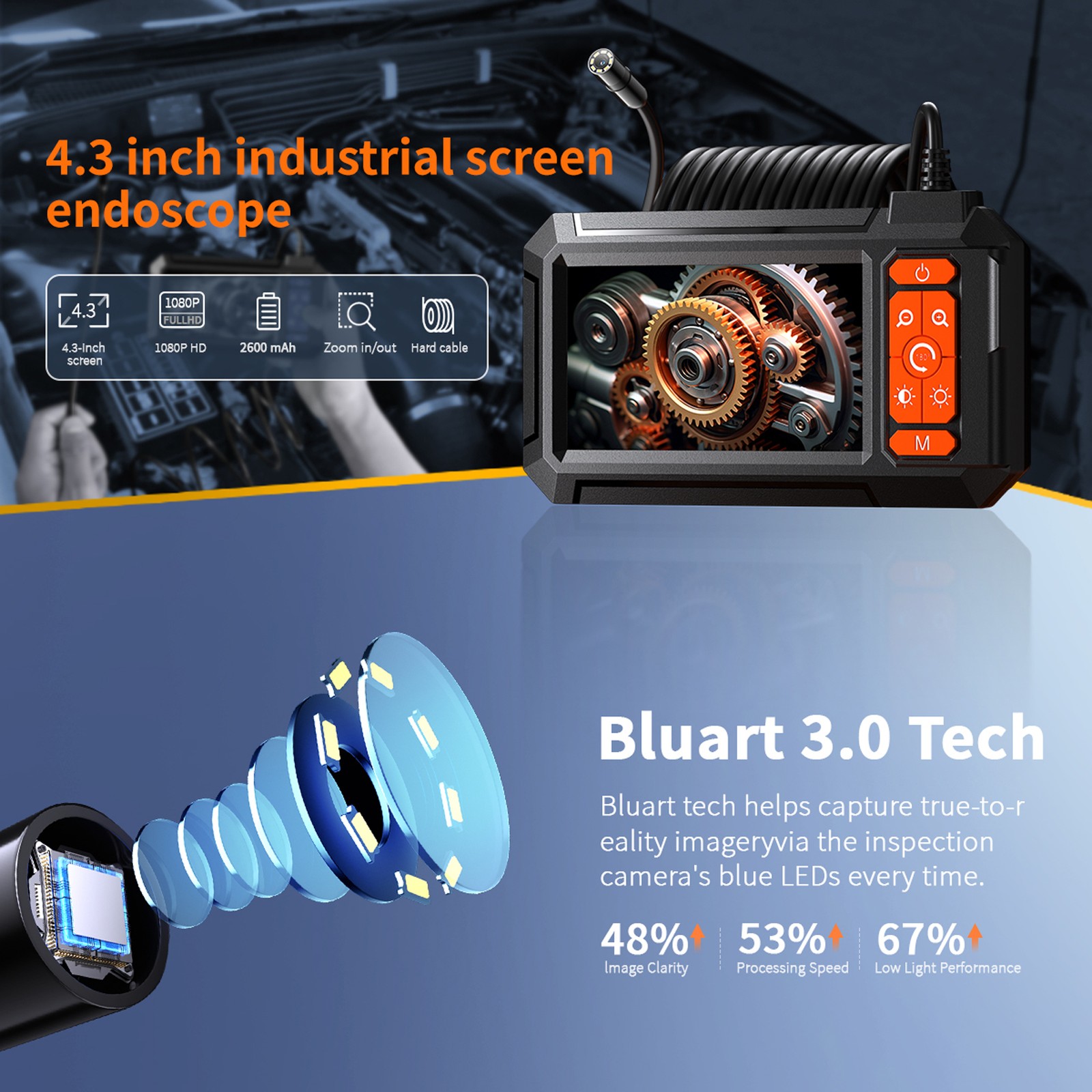 Industrial Borescope Inspection Camera 5m Semi‑ Cable IP67 Waterproof 8mm