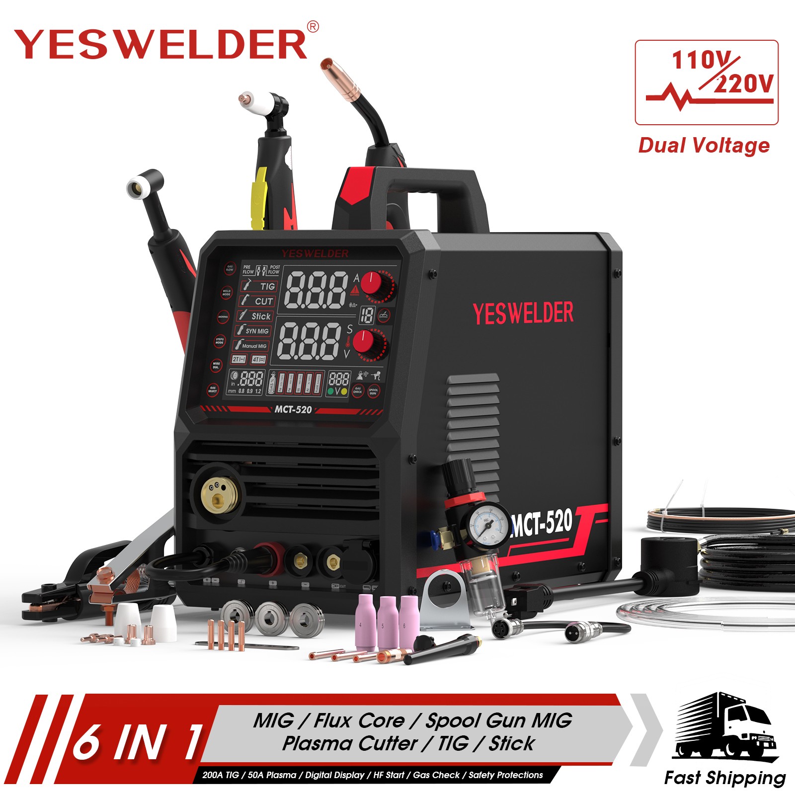 YESWELDER MCT-520 6-in-1 200A MIG/TIG/Stick & 50A Plasma 110V/220V