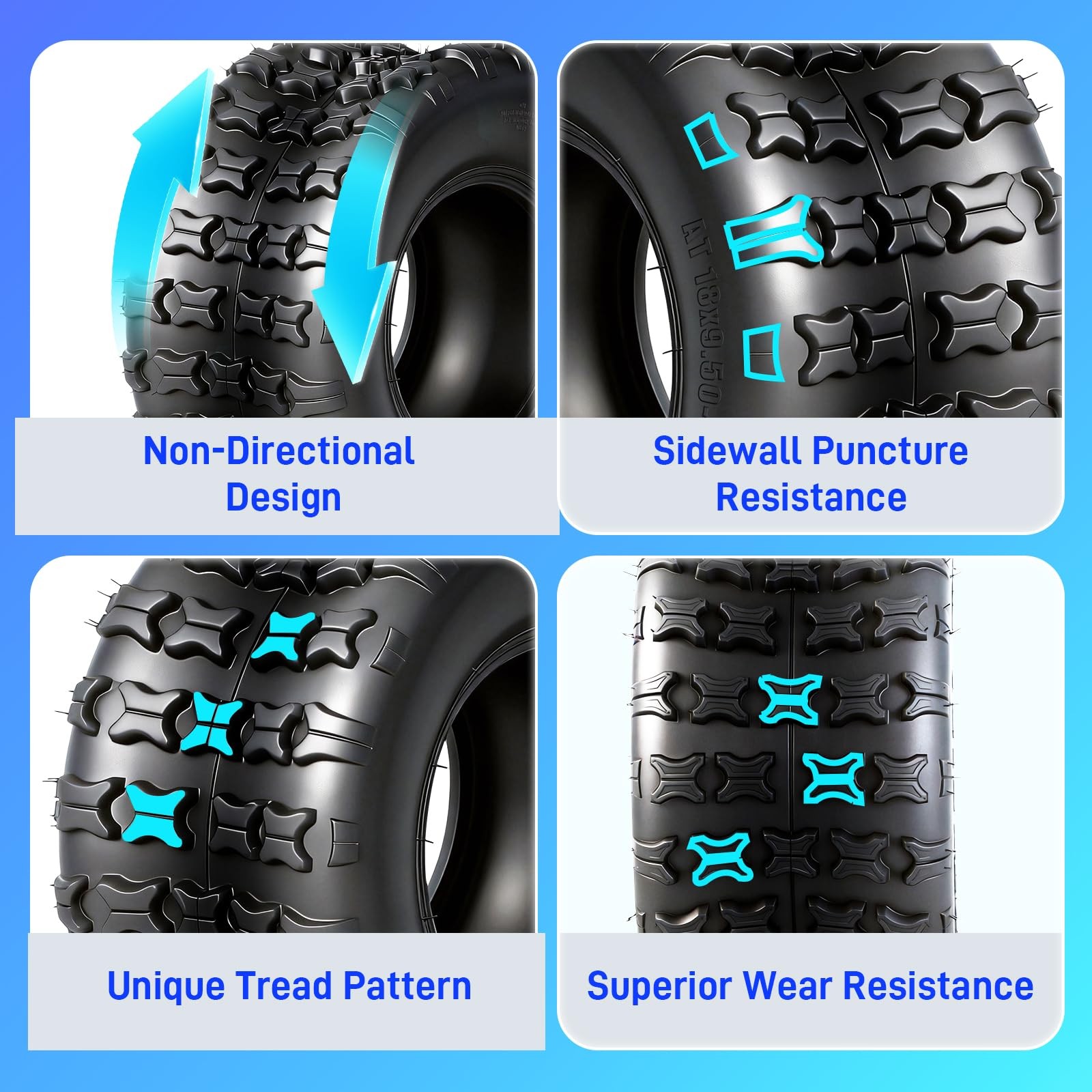 18×9.5-8 ATV UTV Tires 4PR Heavy Duty All-Terrain Mud Trail Tubeless Set of 2