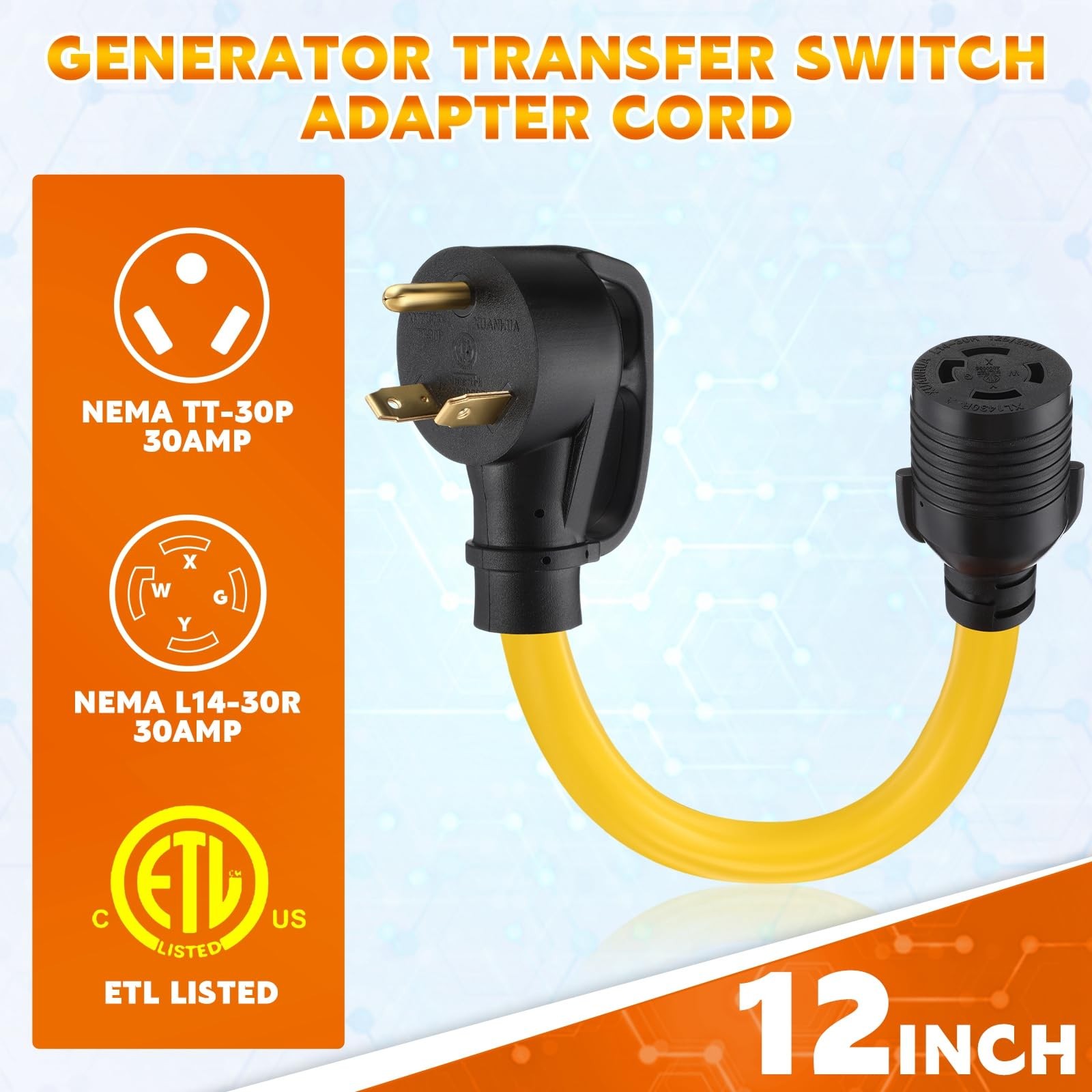 Tellegloww NEMA TT-30P to L14-30R 30 Amp Generator Adapter Cord, 1 ft, yellow