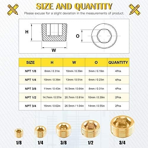 16Pcs Brass NPT Plug Assortment Kit 5 Sizes1/8″ 1/4″ 3/8″ 1/2 «3/4» Internal hex